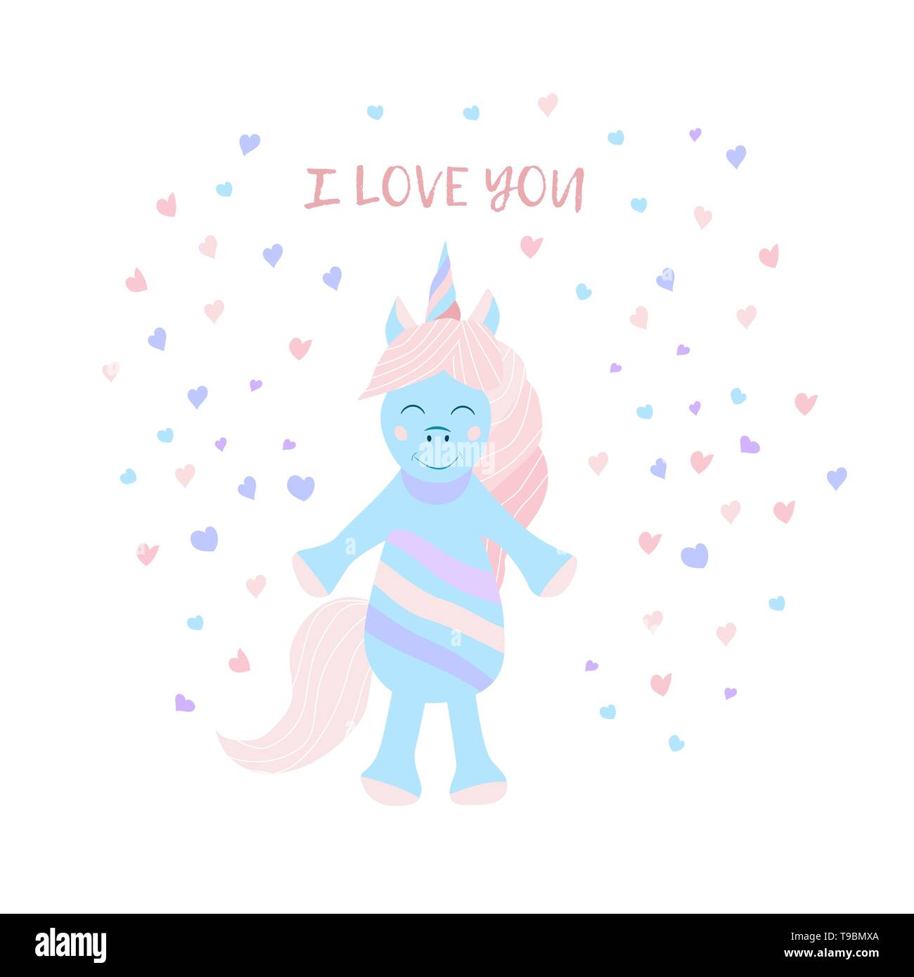 Cute fantasy unicorn with the inscription I love you. Children's print