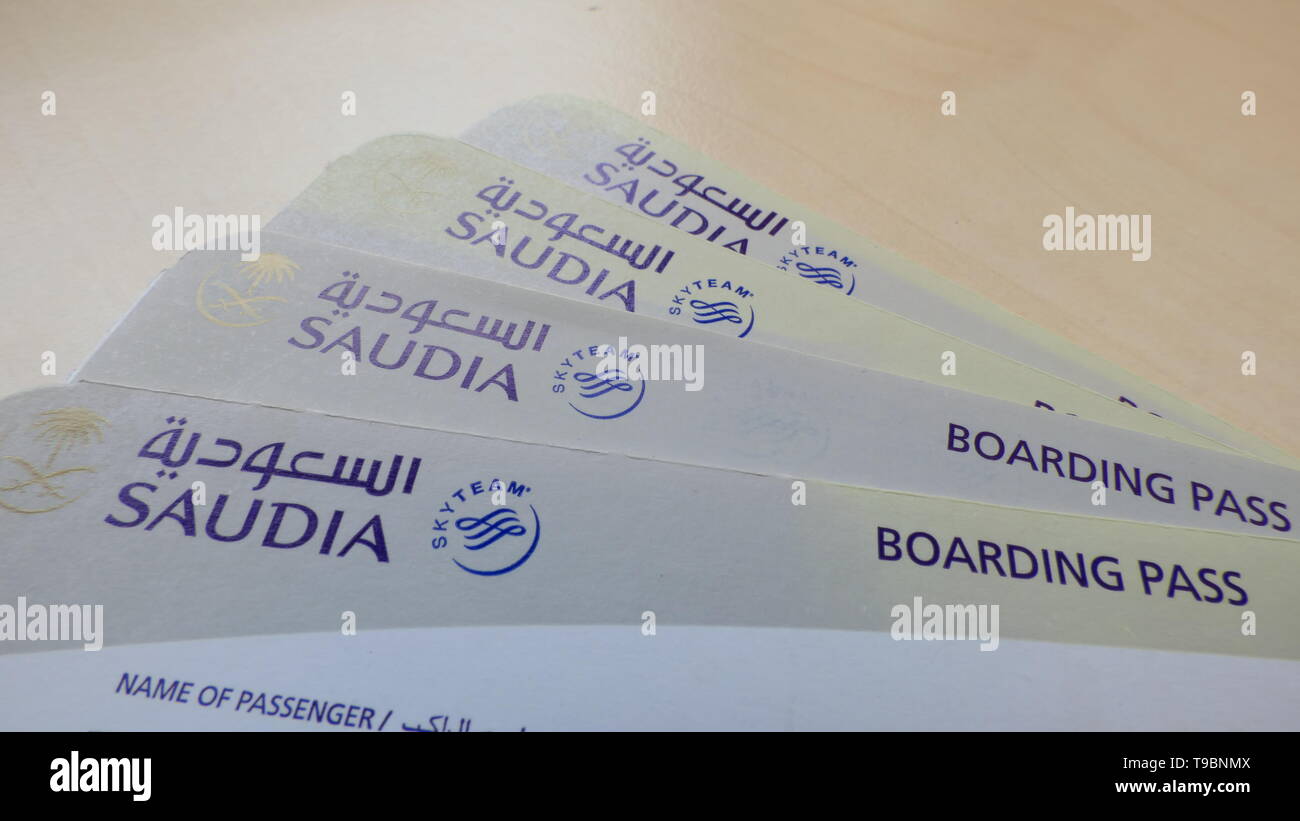 BERLIN, GERMANY - MARCH 9, 2019: Multiple Boarding Passes of Saudi Airlines Stock Photo