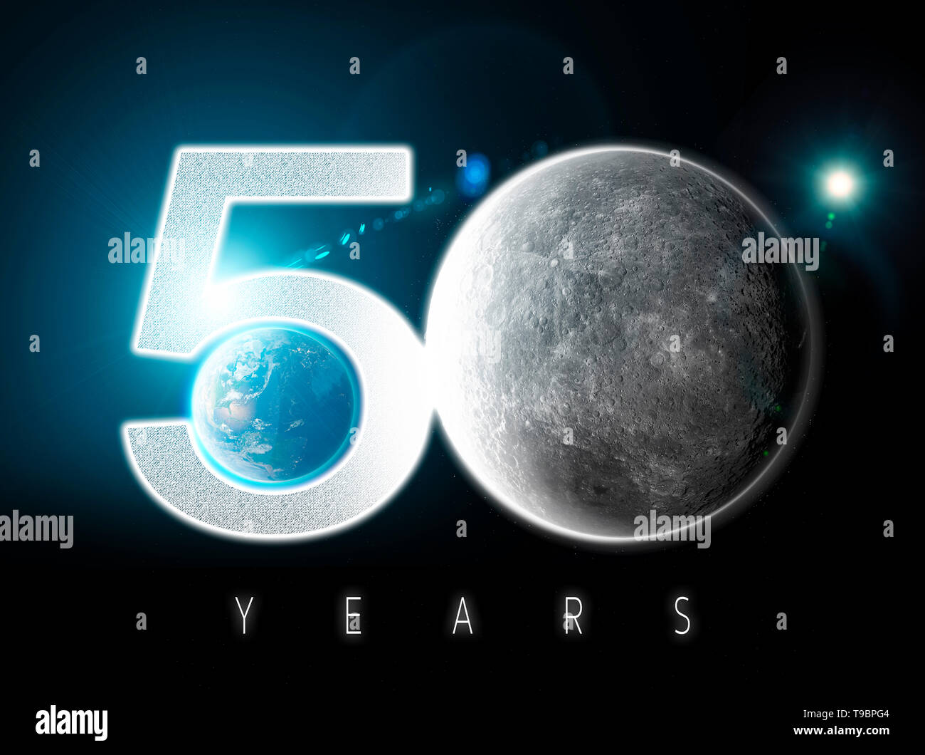 Moon and earth seen from space. Lunar surface and earth in the background. 50th anniversary of the lunar landing Stock Photo