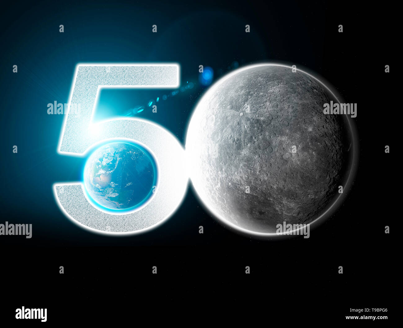 Moon and earth seen from space. Lunar surface and earth in the background. 50th anniversary of the lunar landing Stock Photo