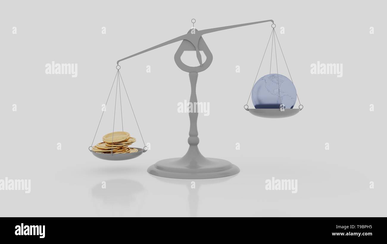 Money outweighing the Earth on scales Stock Photo
