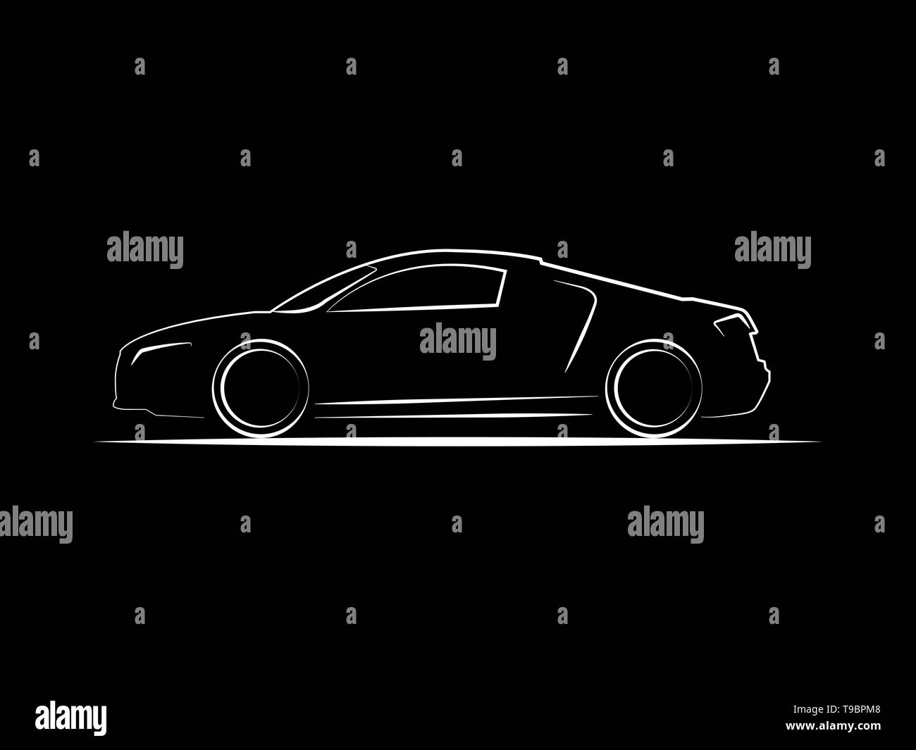 Race car in the dark side view line drawing illustration on black background  Stock Photo - Alamy