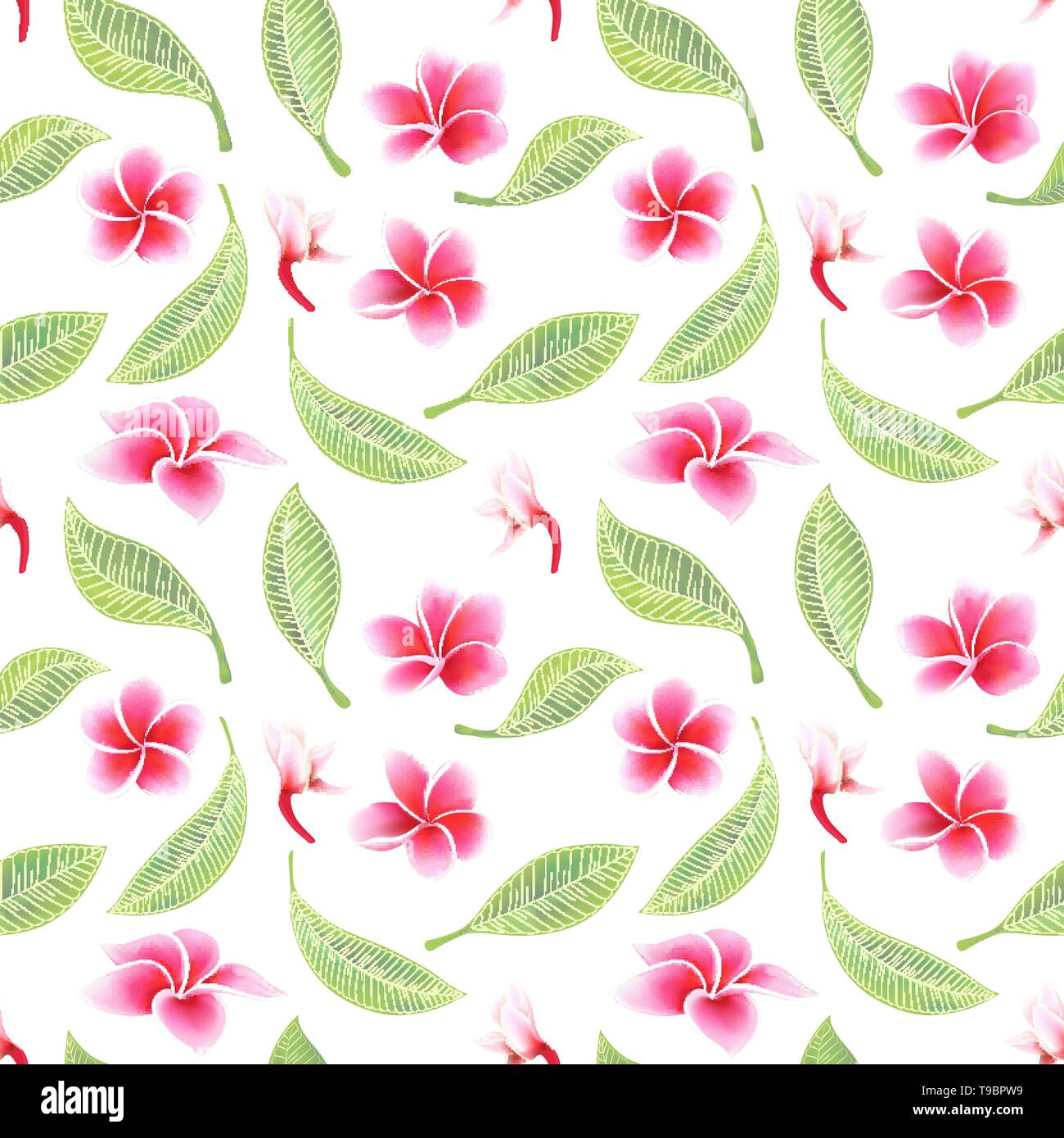 Exotic tropical flowers hibiscus frangipani and green leaves seamless pattern Stock Vector