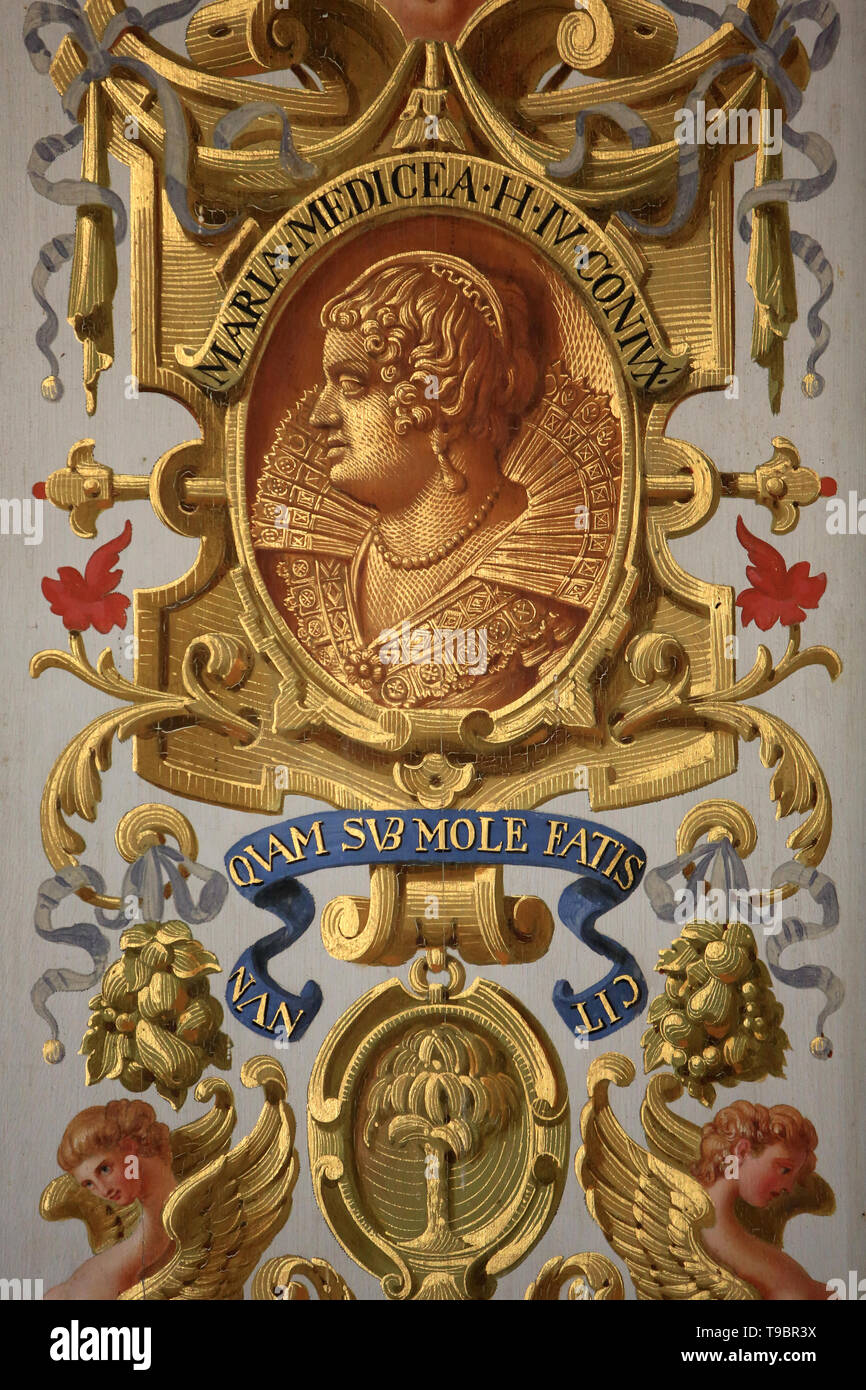 Détail d'un panneau mural décoratif peint avec buste de Marie de Médicis. 19 ème siècle. La Salle des Gardes. Château de Fontainebleau. Stock Photo