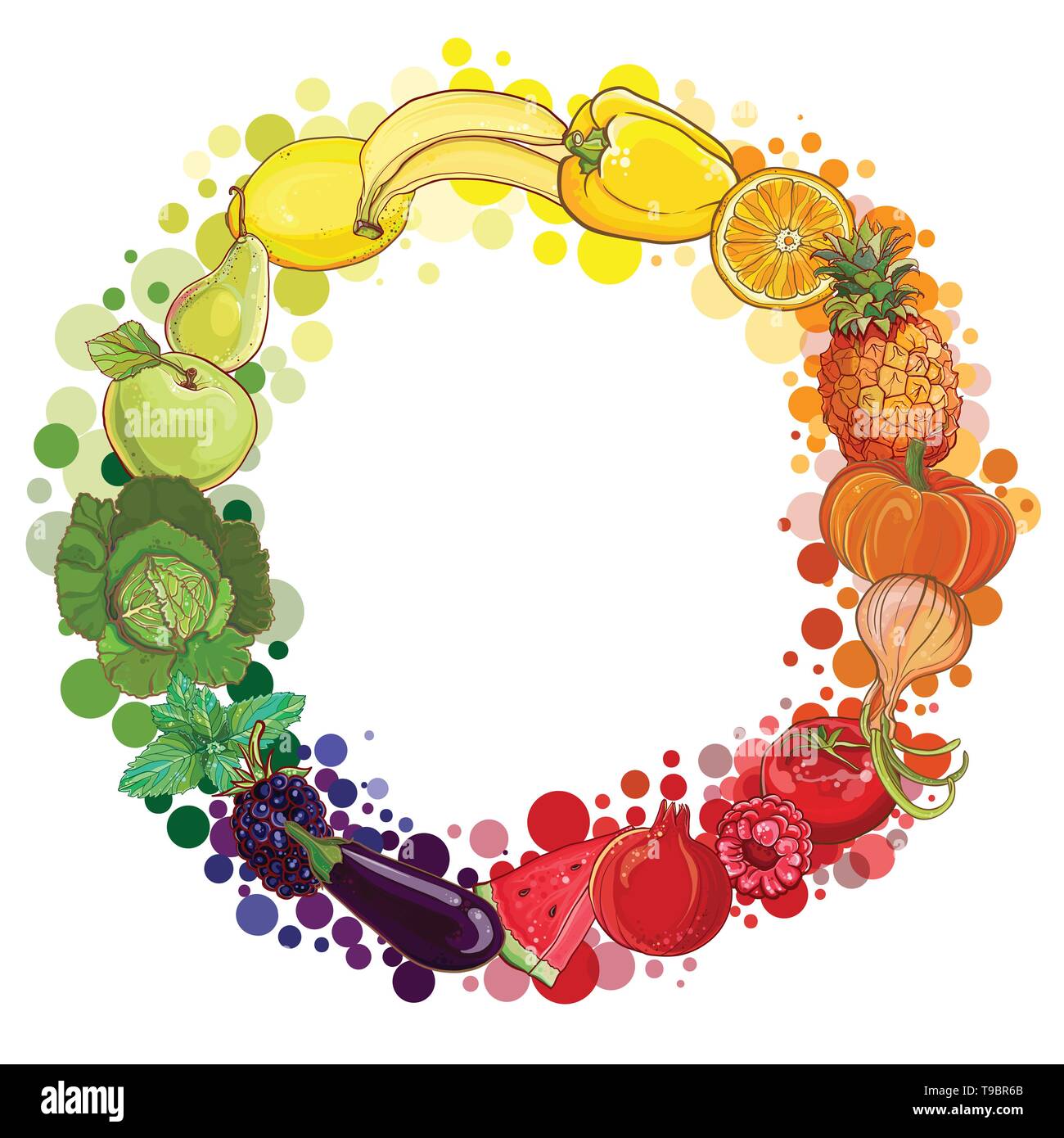 Round composition with fruits and vegetables. Vector color vegetables ...