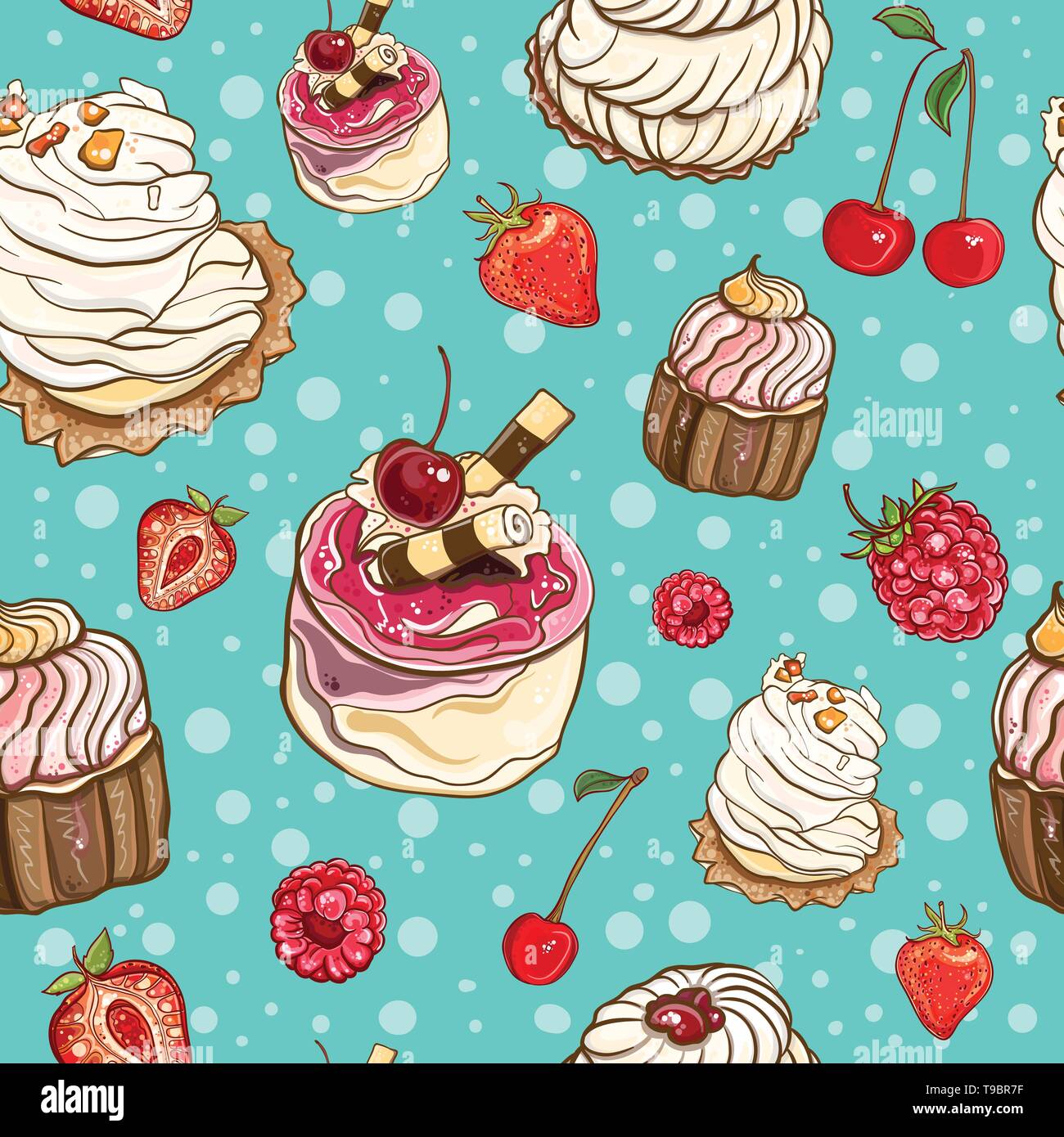 Seamless background with cakes and berries. Vector pattern. eps 10 Stock Vector