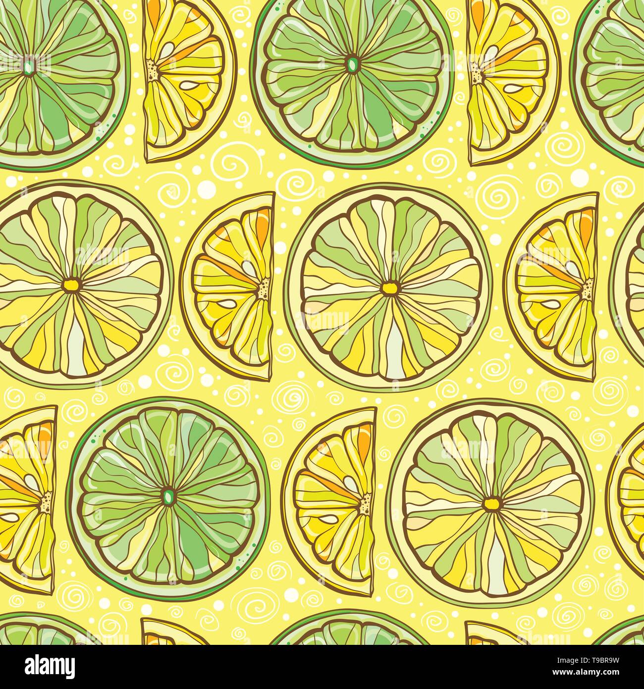 Yellow seamless vector pattern with lemon and lime. Citrus background.  eps 10 Stock Vector