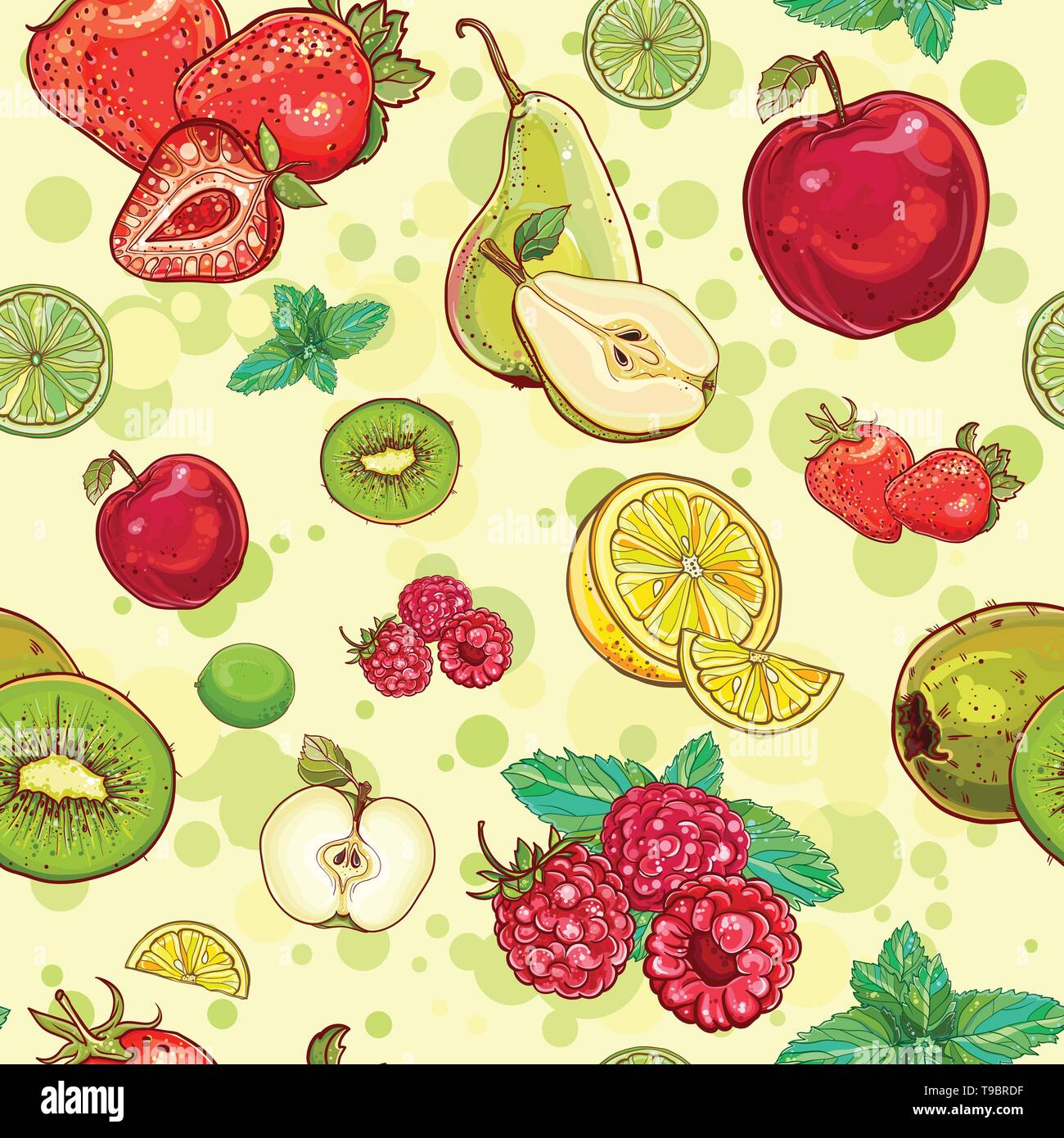 Vector bright seamless pattern with fruits and berries. Apple, kiwi, strawberry, raspberry, pear, lemon, lime, mint. eps 10 Stock Vector
