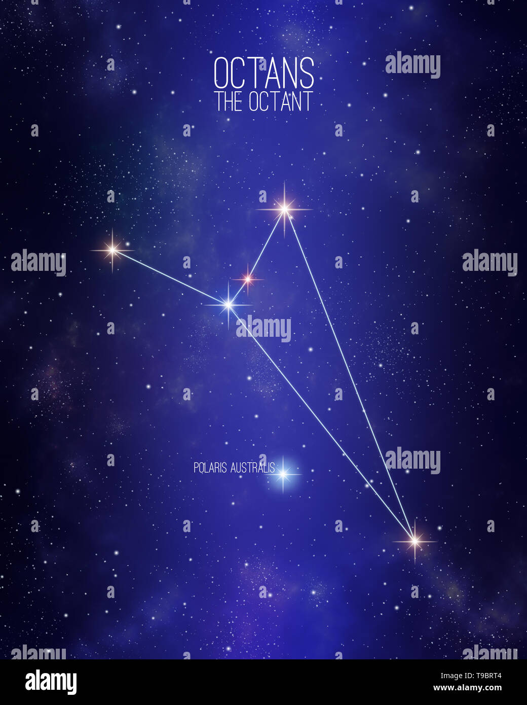 Octans the octant constellation map on a starry space background. Stars relative sizes and color shades based on their spectral type. Stock Photo