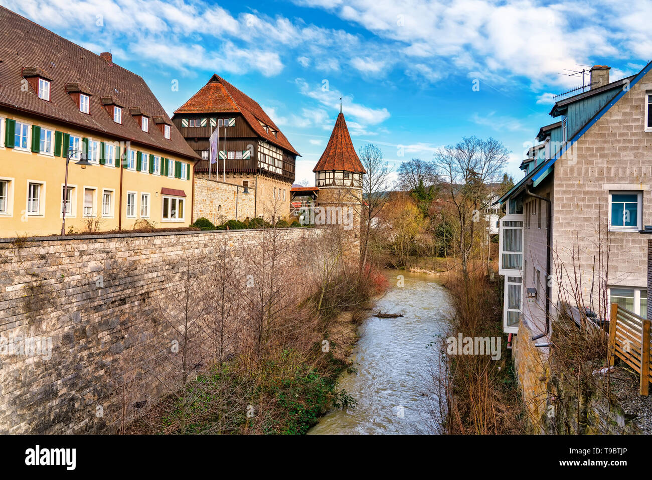 Balingen, Germany, the landmark of the city is the Zollernschloss. Adjacent to it is the former tanner quarter, also known as 'Little Venice'. Stock Photo