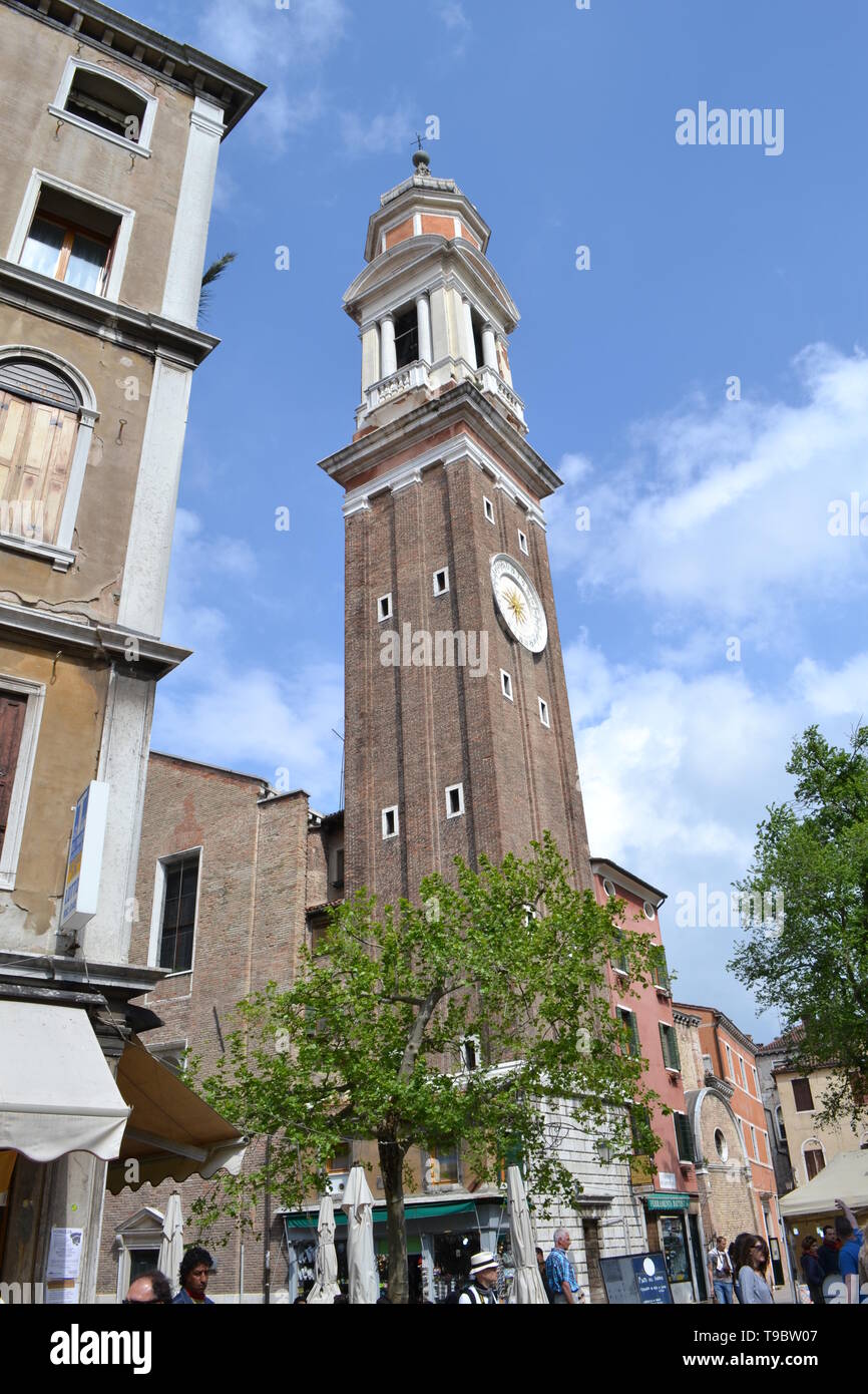 Close-up view to the Chiesa dei Santi Apostoli di Cristo in Venice or the Church of the Holy Apostles of Christ in Gothic-Renaissance style in spring. Stock Photo