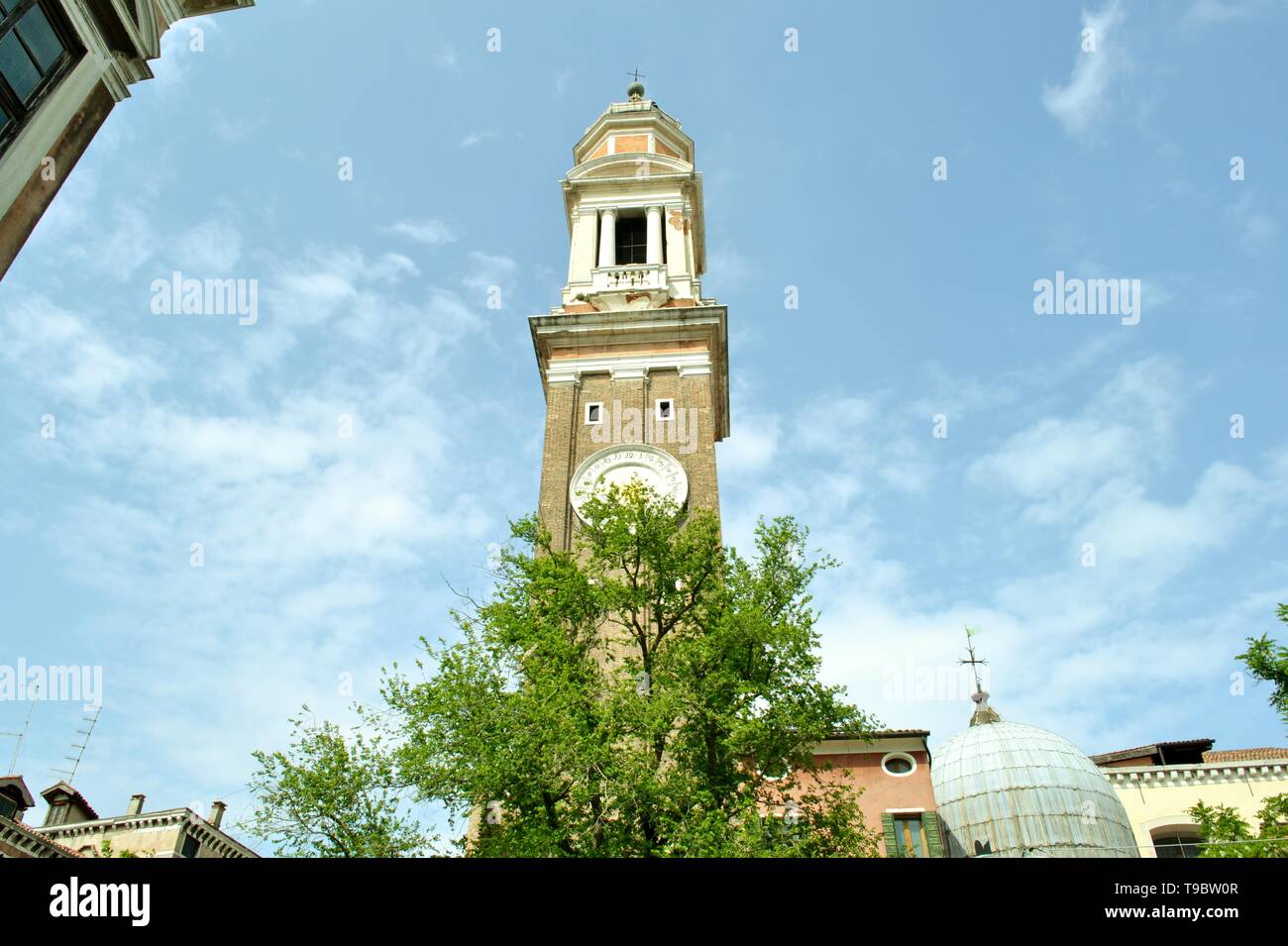 Close-up view to the Chiesa dei Santi Apostoli di Cristo in Venice or the Church of the Holy Apostles of Christ in Gothic-Renaissance style in spring. Stock Photo