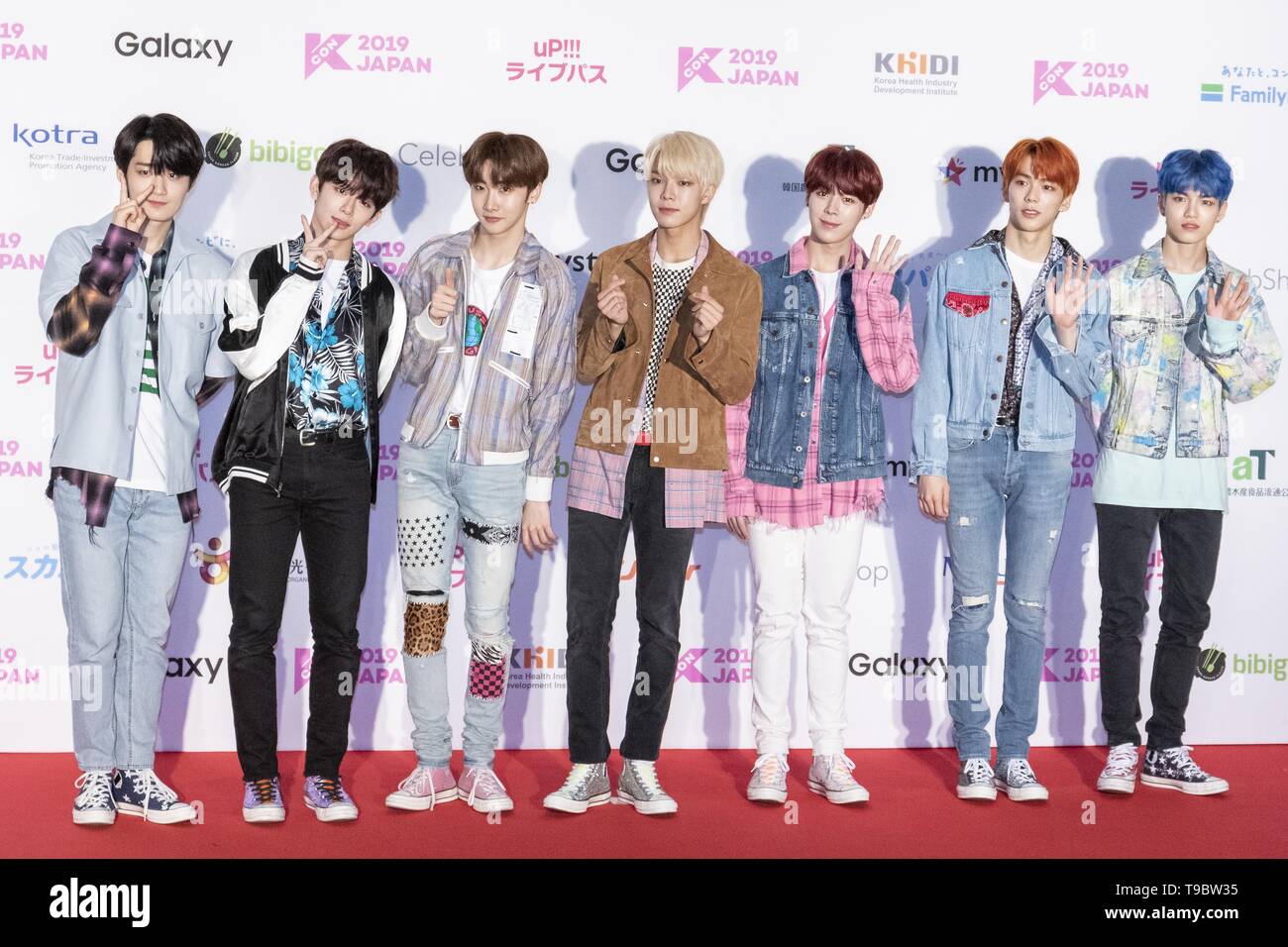 May 18, 2019 - Chiba, Japan - Members of the South Korean boy group  Verivery pose for the cameras during a red carpet for the KCON 2019 Japan  in Makuhari Messe Convention