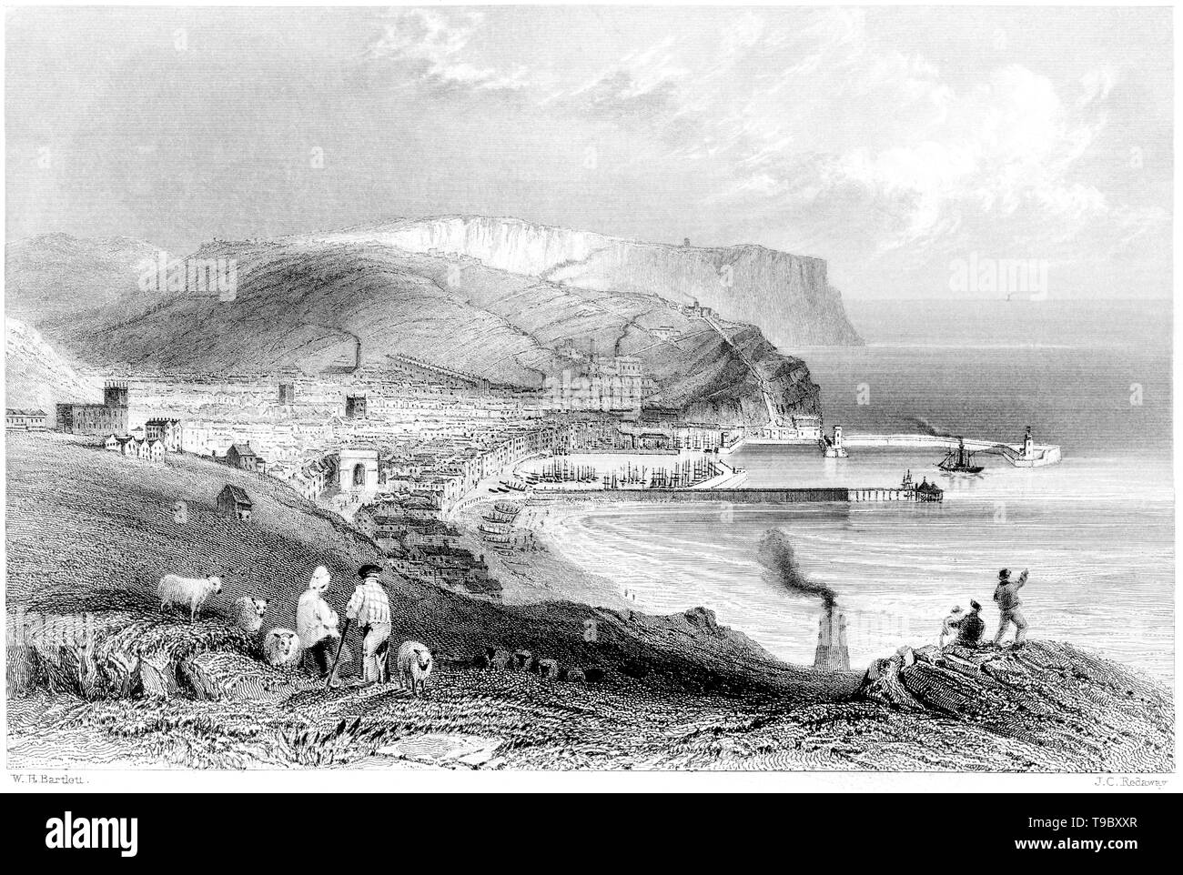 An engraving of Whitehaven with St Bees Head, Cumberland scanned at high resolution from a book published in 1842.  Believed copyright free. Stock Photo