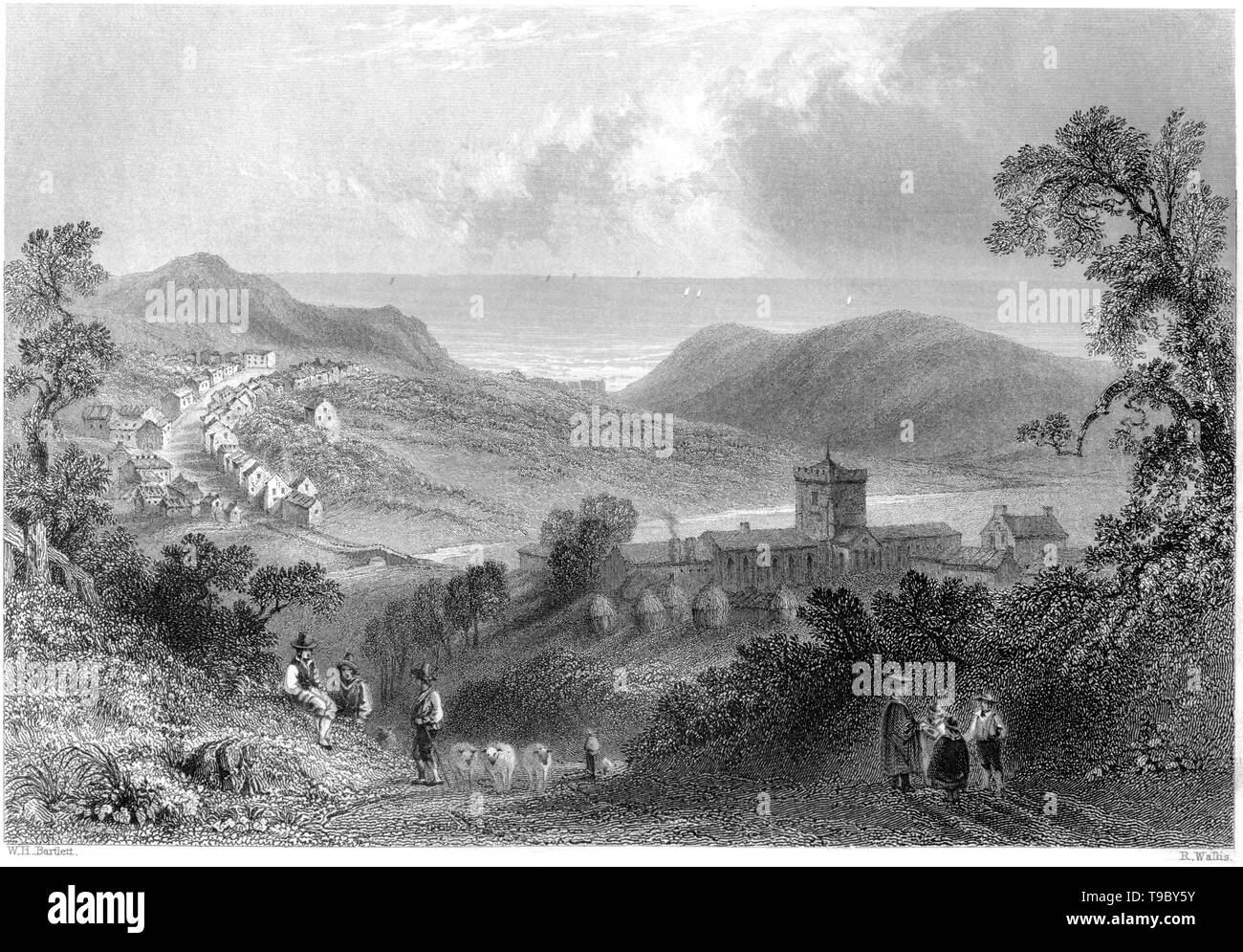 An engraving of St Bees College with the Village scanned at high resolution from a book published in 1842.  Believed copyright free. Stock Photo