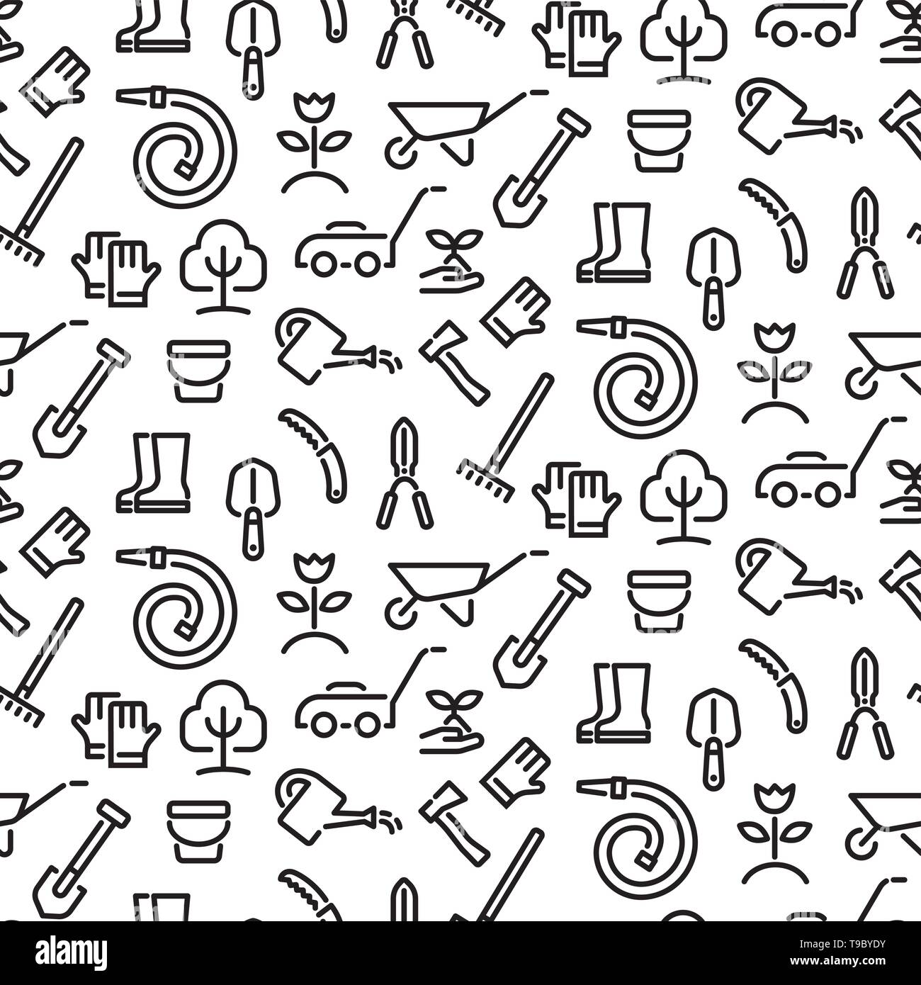 illustration of black and white gardening tools seamless pattern Stock ...