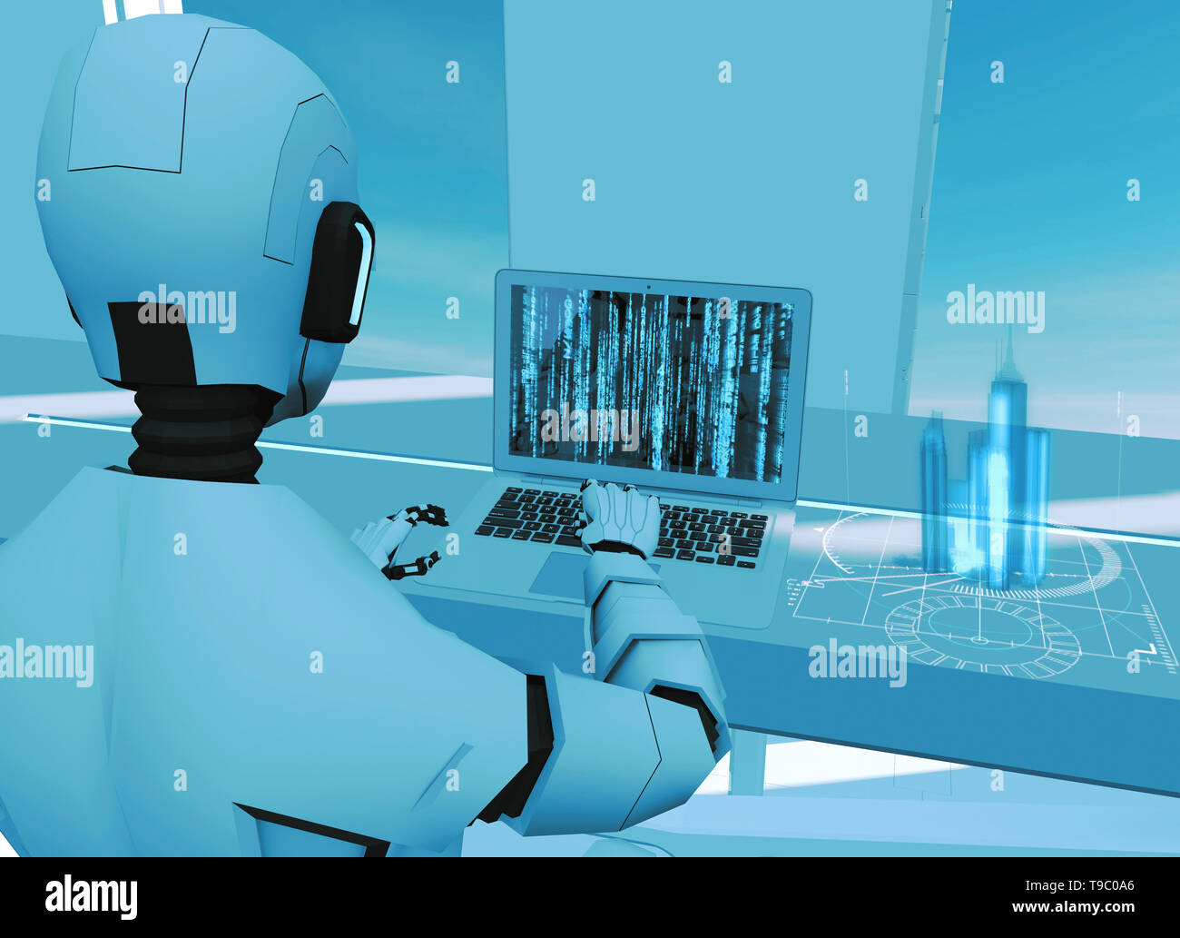 Artificial intelligence, robot. Cyborg on the computer. Sci-fi. Science fiction. Programming. Architectural project, city skyscrapers, holograms. Stock Photo