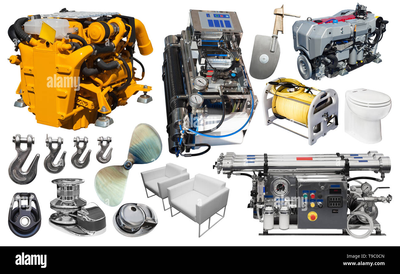 Yacht parts and supplies collage isolated at white background Stock