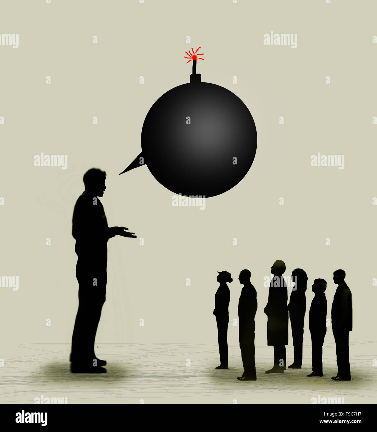 large man with a speech bubble in the shape of a bomb talking to a group of smaller people implying bad news . Stock Photo