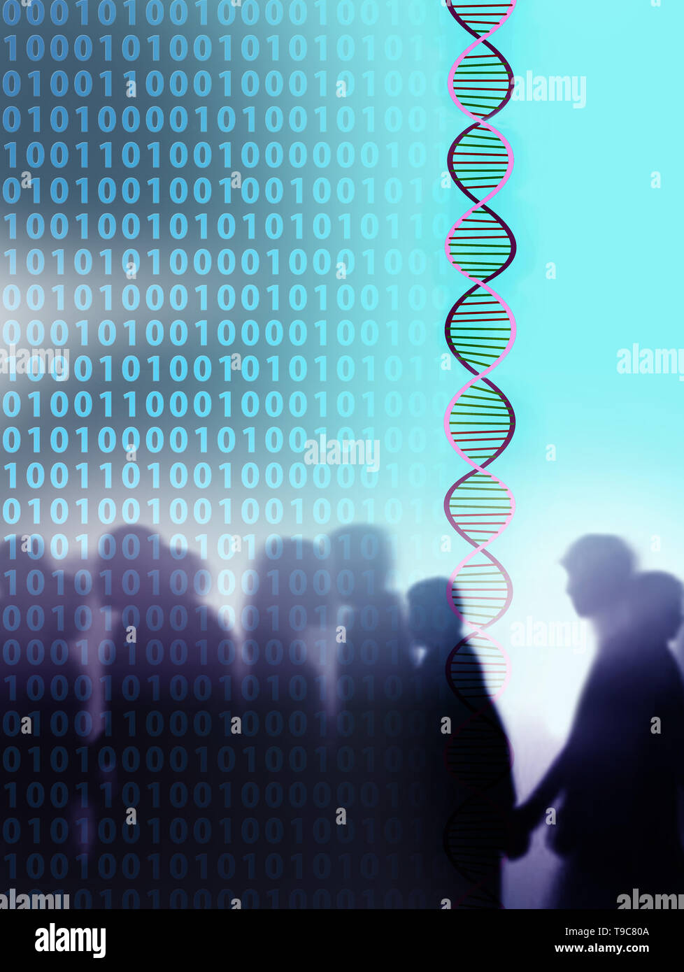 concept image of people shadows against binary code and D.N.A, Stock Photo