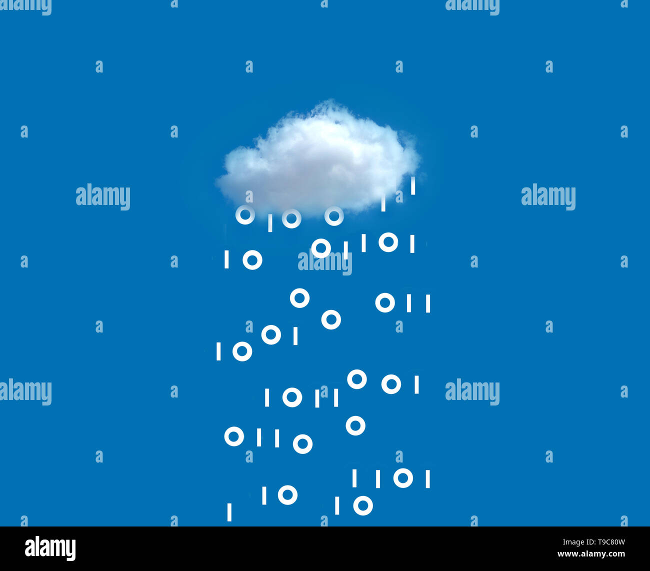 concept image of a white cloud in a blue sky raining binary code depicting cloud technology Stock Photo