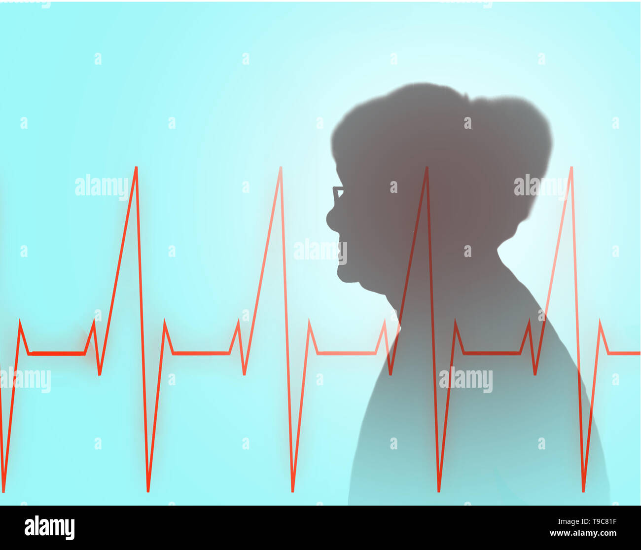 concept image of a profile of an elderly woman and a heartbeat depicting health in old age Stock Photo