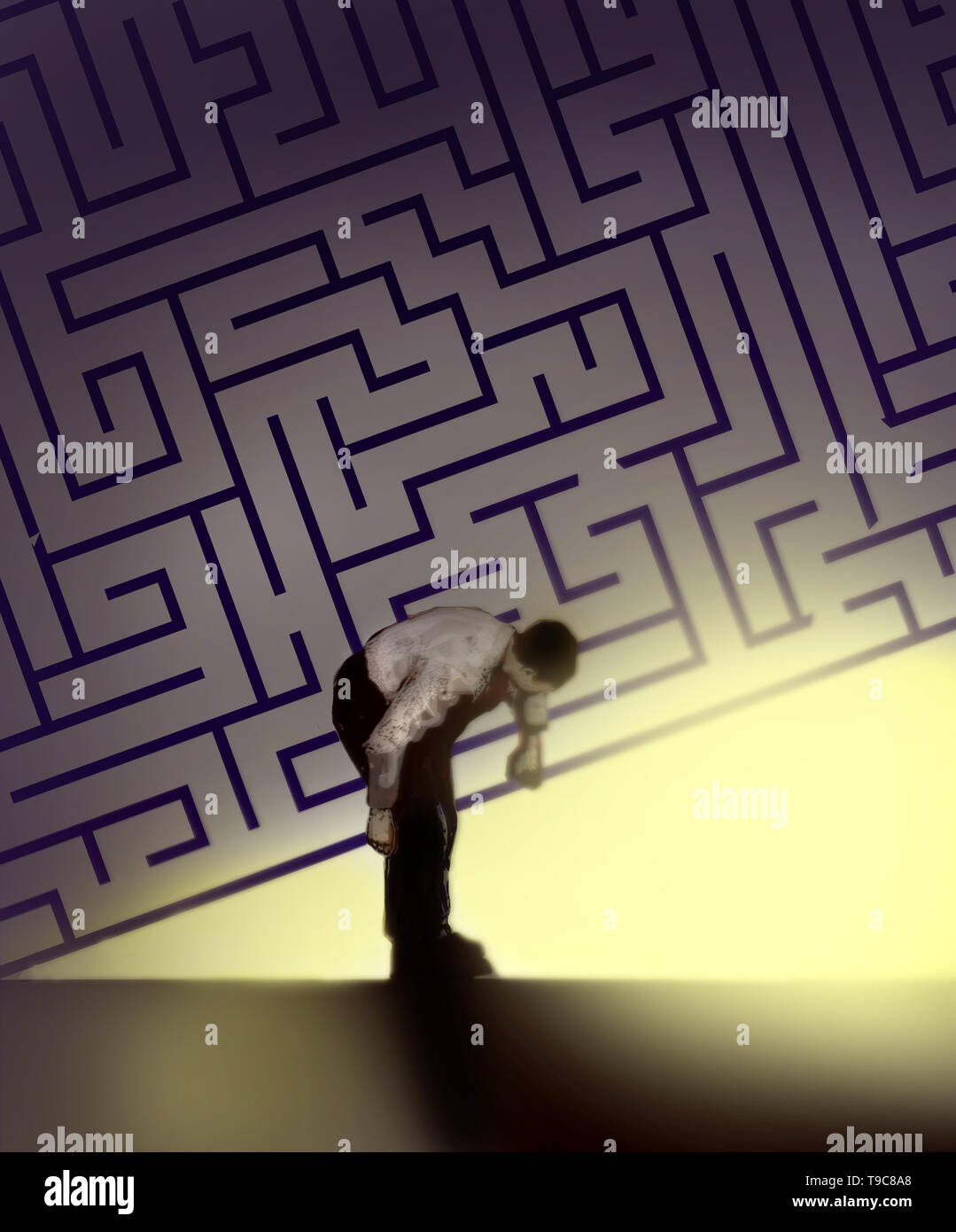 concept image of a man lifting up a maze to reveal bright light depicting a positive outcome Stock Photo