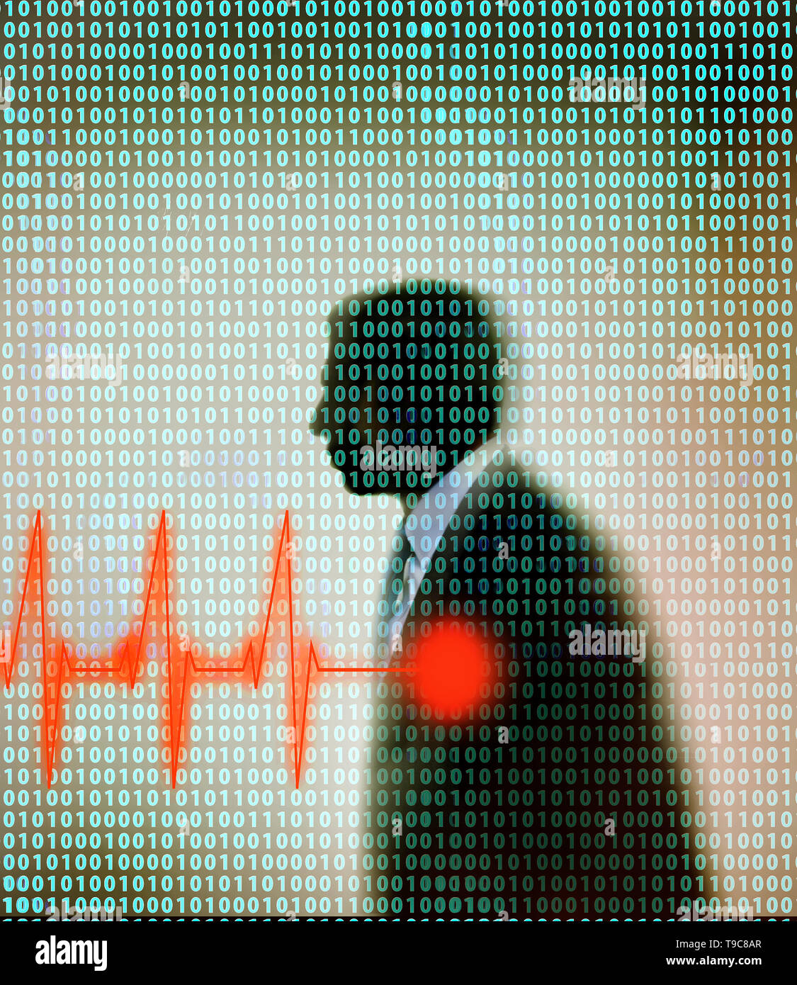 concept image of a man, binary code and heartbeat signal depicting