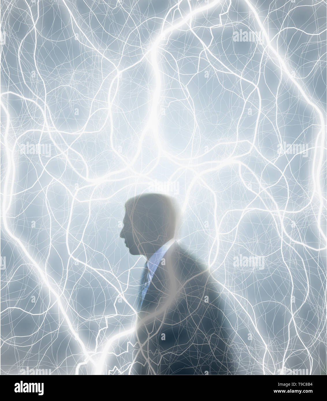 concept image of a businessman walking in tangle of electrical energy