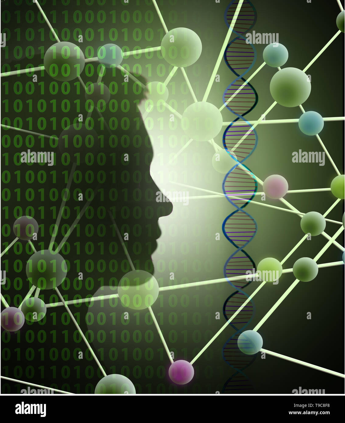 concept image of a mans profile collaged with a binary code double helix and atom structure depicting science and biotechnology Stock Photo