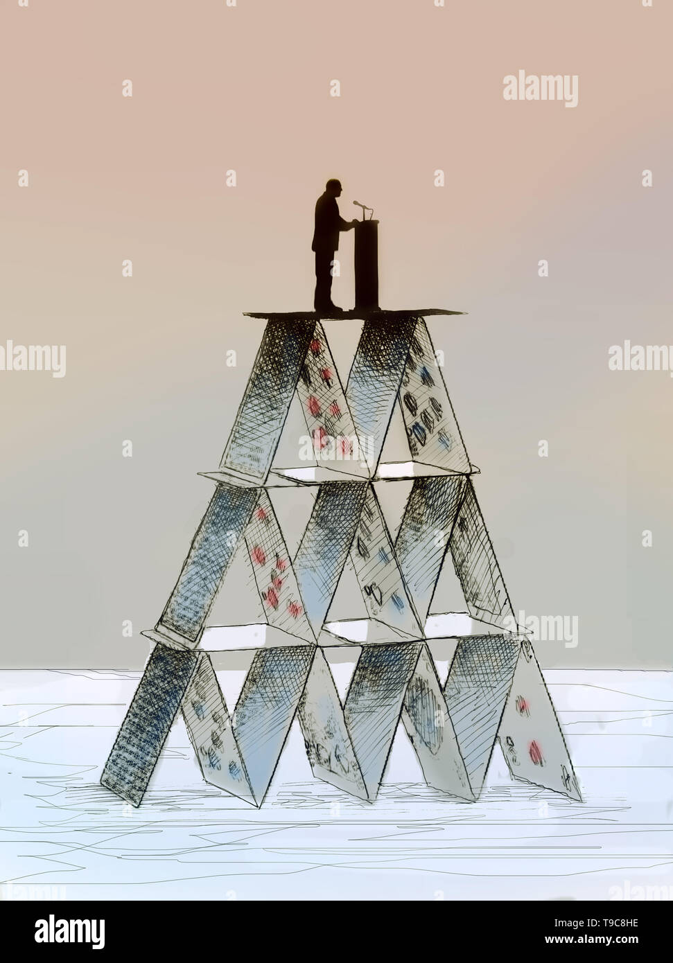 concept image of a man standing on a podium on a house of cards talking into microphone depicting insecurity and precarity. Stock Photo