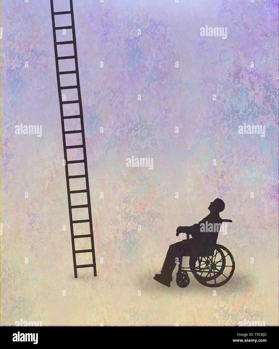 concept image of a man in a wheelchair confronted with a ladder