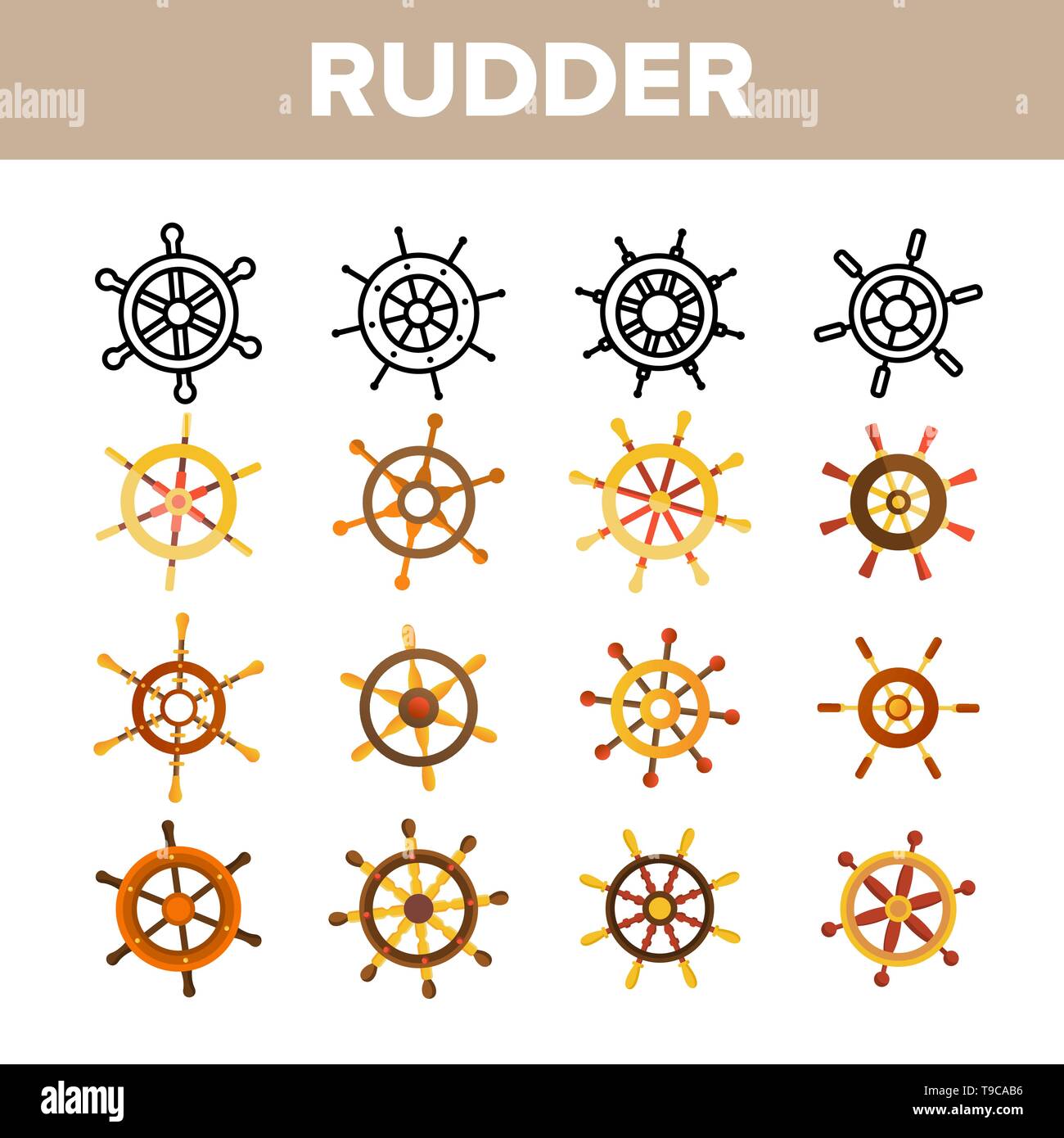 Steering Wheel, Rudder Linear Vector Icons Set. Jester, Sailboat, Ship ...