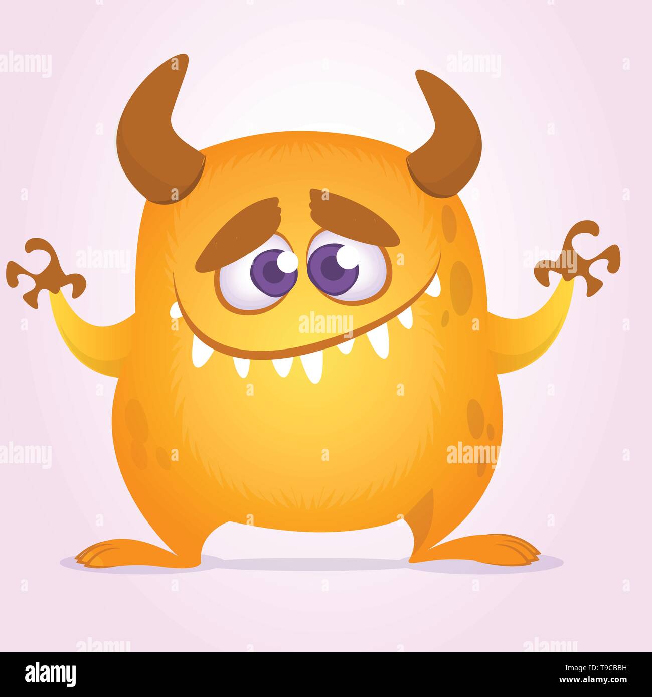 Happy cute cartoon monster with horns. Vector orange monster illustration.  Halloween character. Design for decoration, print or sticker Stock Vector  Image & Art - Alamy