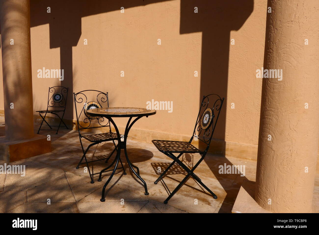 Some coffee chairs and tables in the historic part of Diriyah in Saudi Arabia Stock Photo