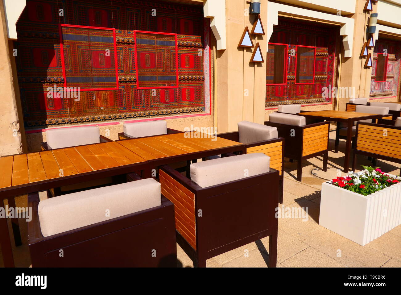 Some coffee chairs and tables in the historic part of Diriyah in Saudi Arabia Stock Photo