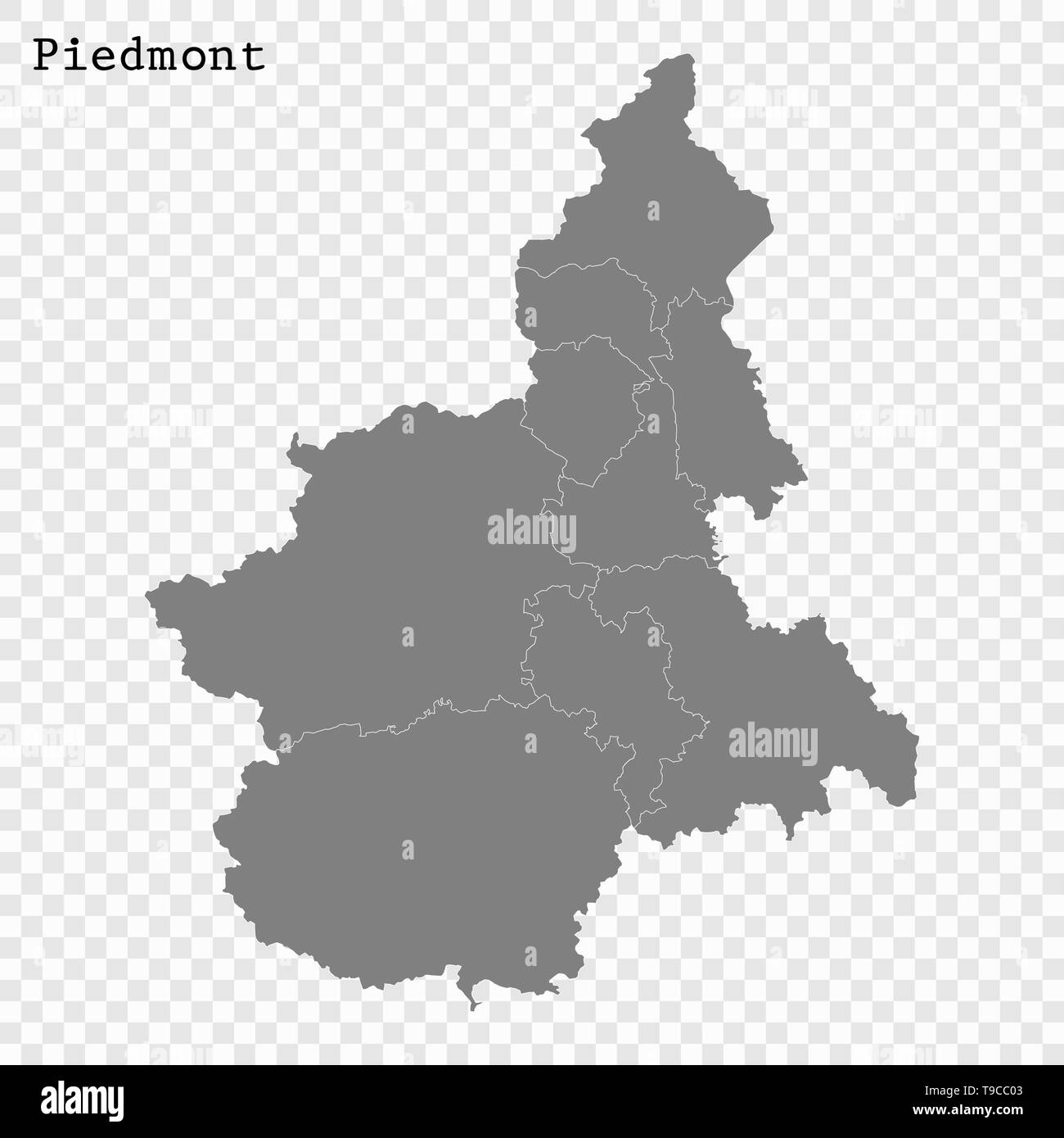 High Quality map of Piedmont is a state of Italy, with borders of the districts Stock Vector