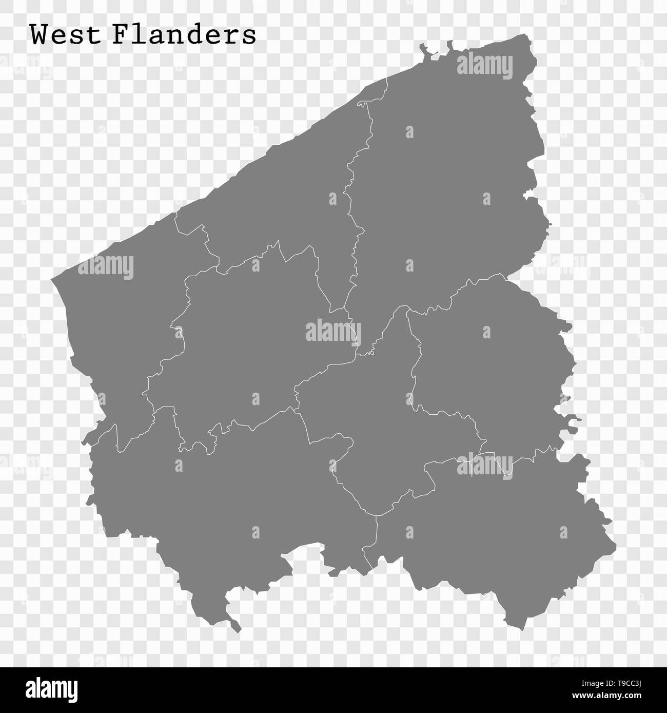High Quality map of West Flanders is a province of Belgium, with borders of the regions Stock Vector