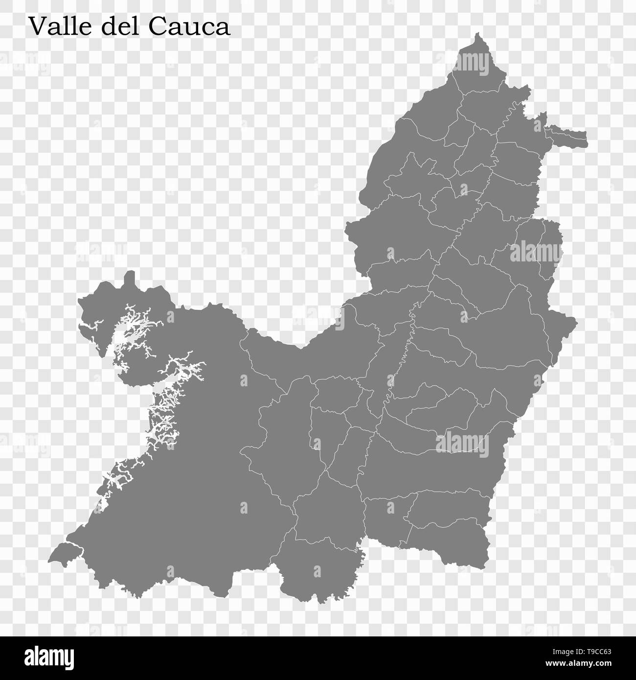 High Quality map of Valle del Cauca is a state of Colombia, with borders of the districts Stock Vector