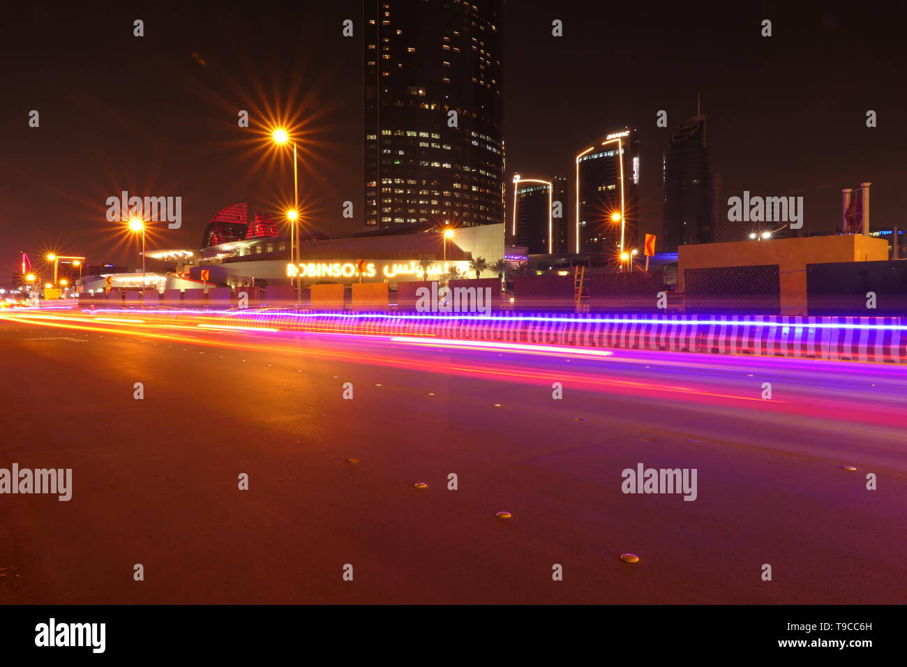 RIYADH, SAUDI ARABIA - DECEMBER 17, 2018: Busy traffic in the night at the famous Olaya Street in Riyadh, near of the Kingdom Centre Stock Photo