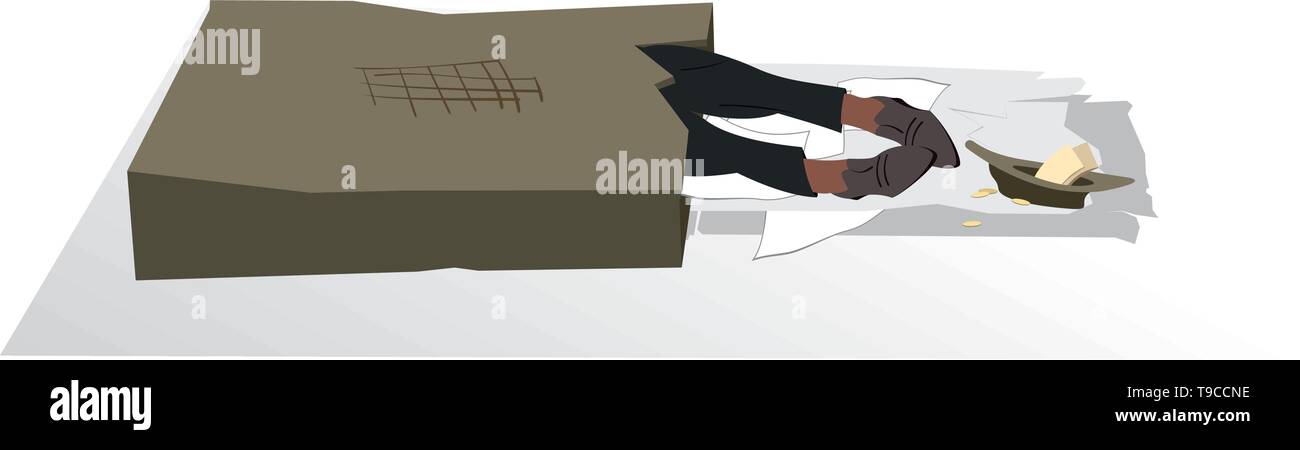 Legs of the homeless or beggar stick out from a cardboard box and a plate with small change illustration Stock Vector