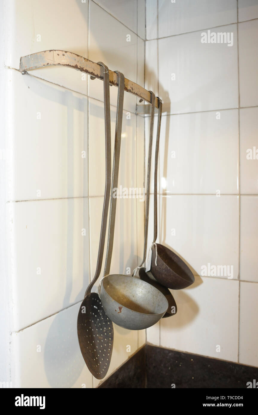 vintage kitchen hanging cookware accessories Stock Photo Alamy
