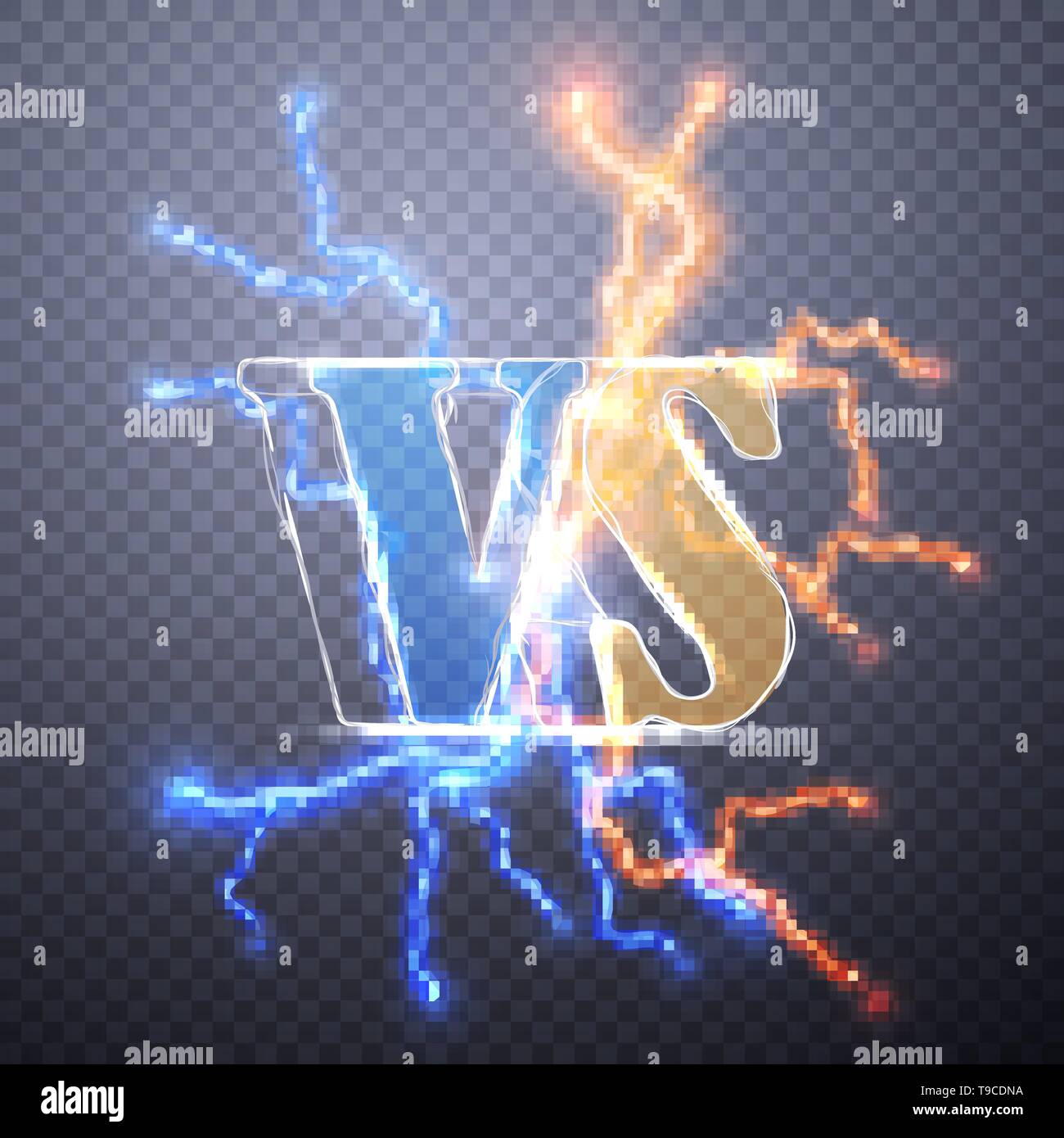 Neon Versus Logo. VS Vector Letters Illustration. Competition Icon. Fight Symbol. Digital effect of glowing, electrical discharge, design decoration.  Stock Vector