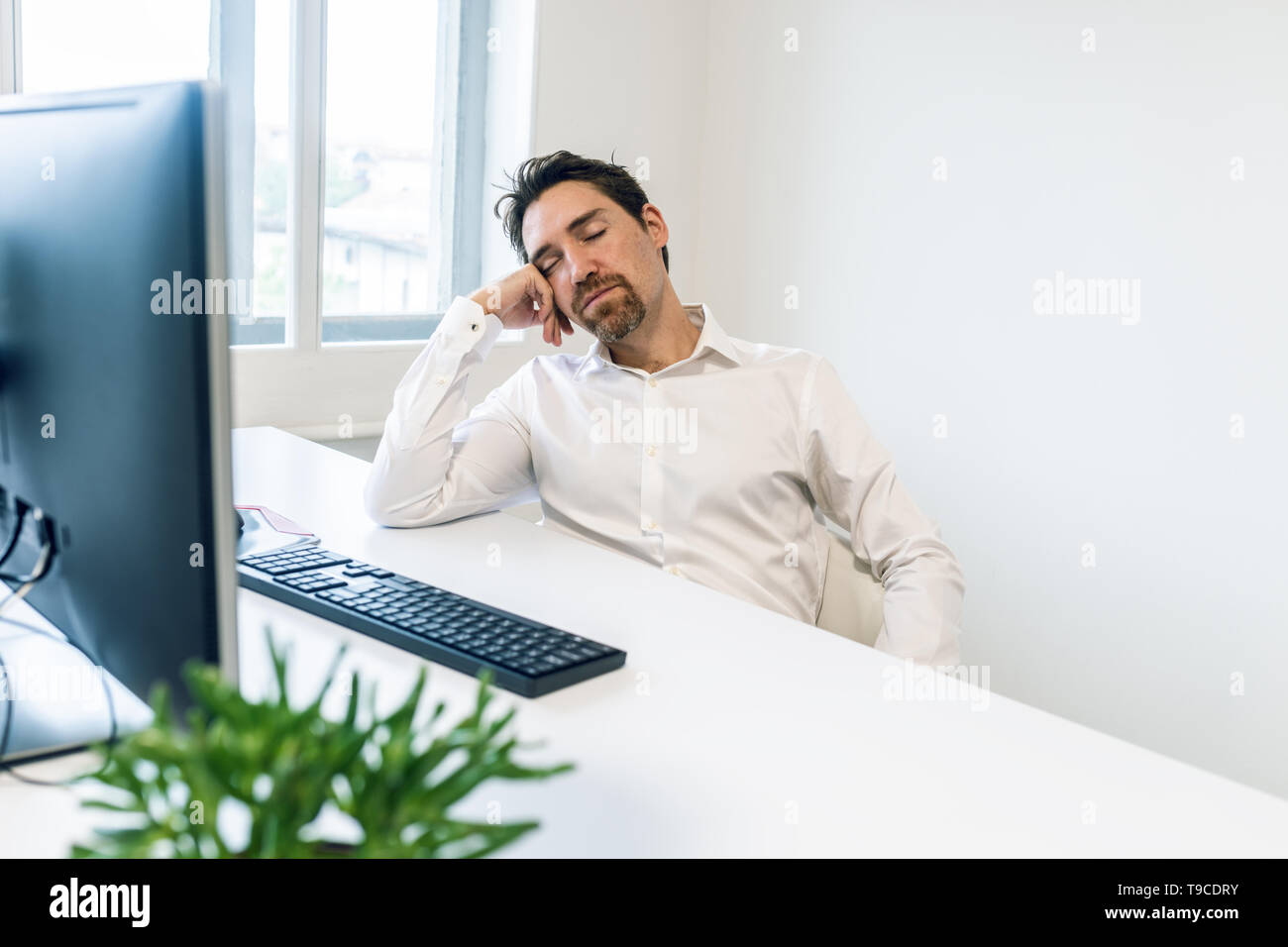 Overworked Young Businessman Sleeping At His Office Desk Leaning