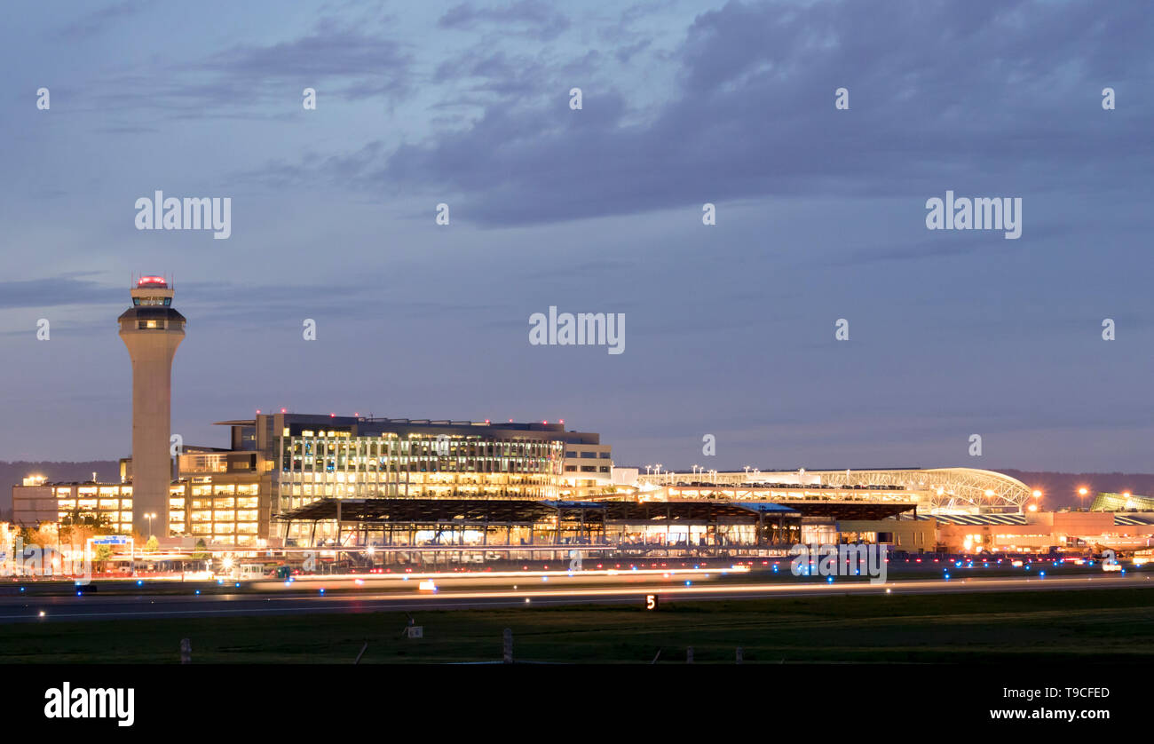 Portland International Airport (PDX) at night - the biggest and best airport in the state of Oregon in the Pacific Northwest. Stock Photo