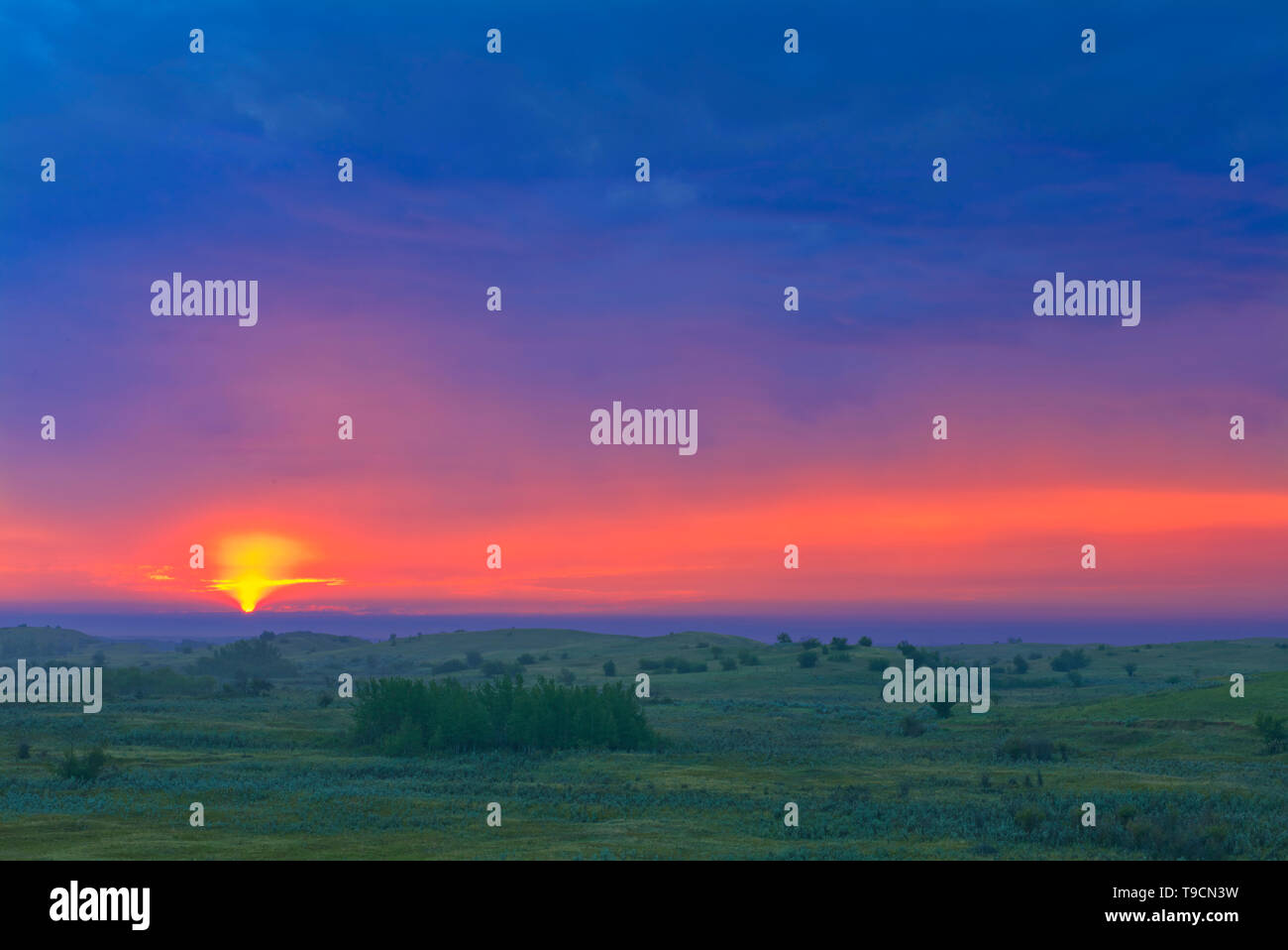 Stormy sky at dawn overlooking the prairie landscape from the top of the Great Sandhills, Great Sandhills, Saskatchewan, Canada Stock Photo