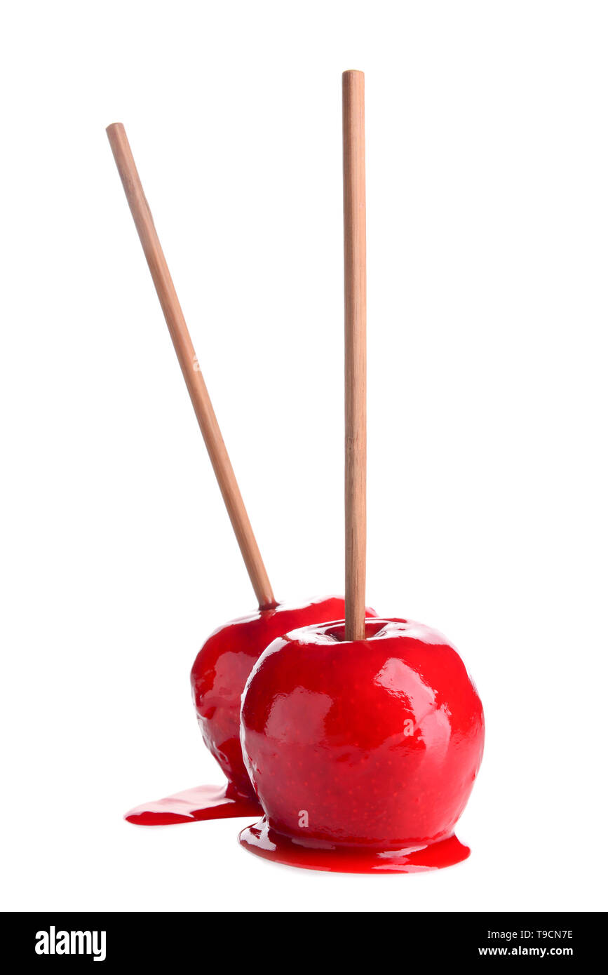Delicious candy apples on white background Stock Photo Alamy