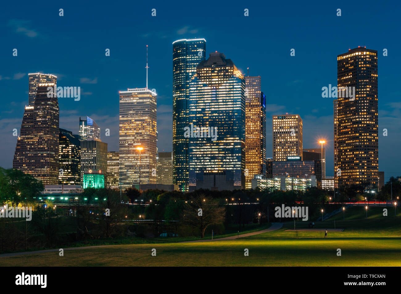 View of the Houston skyline at night from Eleanor Tinsley Park, in Houston,  Texas Stock Photo - Alamy