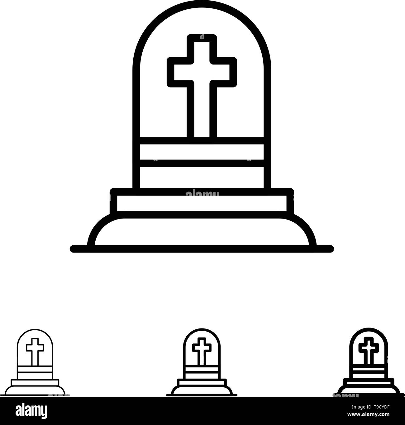 Death, Grave, Gravestone, Rip Bold and thin black line icon set Stock Vector
