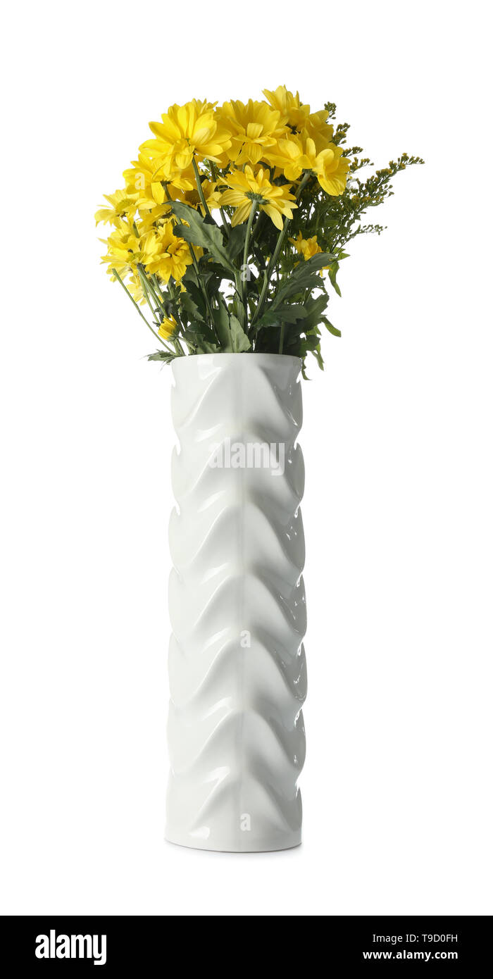 Beautiful flowers in ceramic vase on white background Stock Photo - Alamy